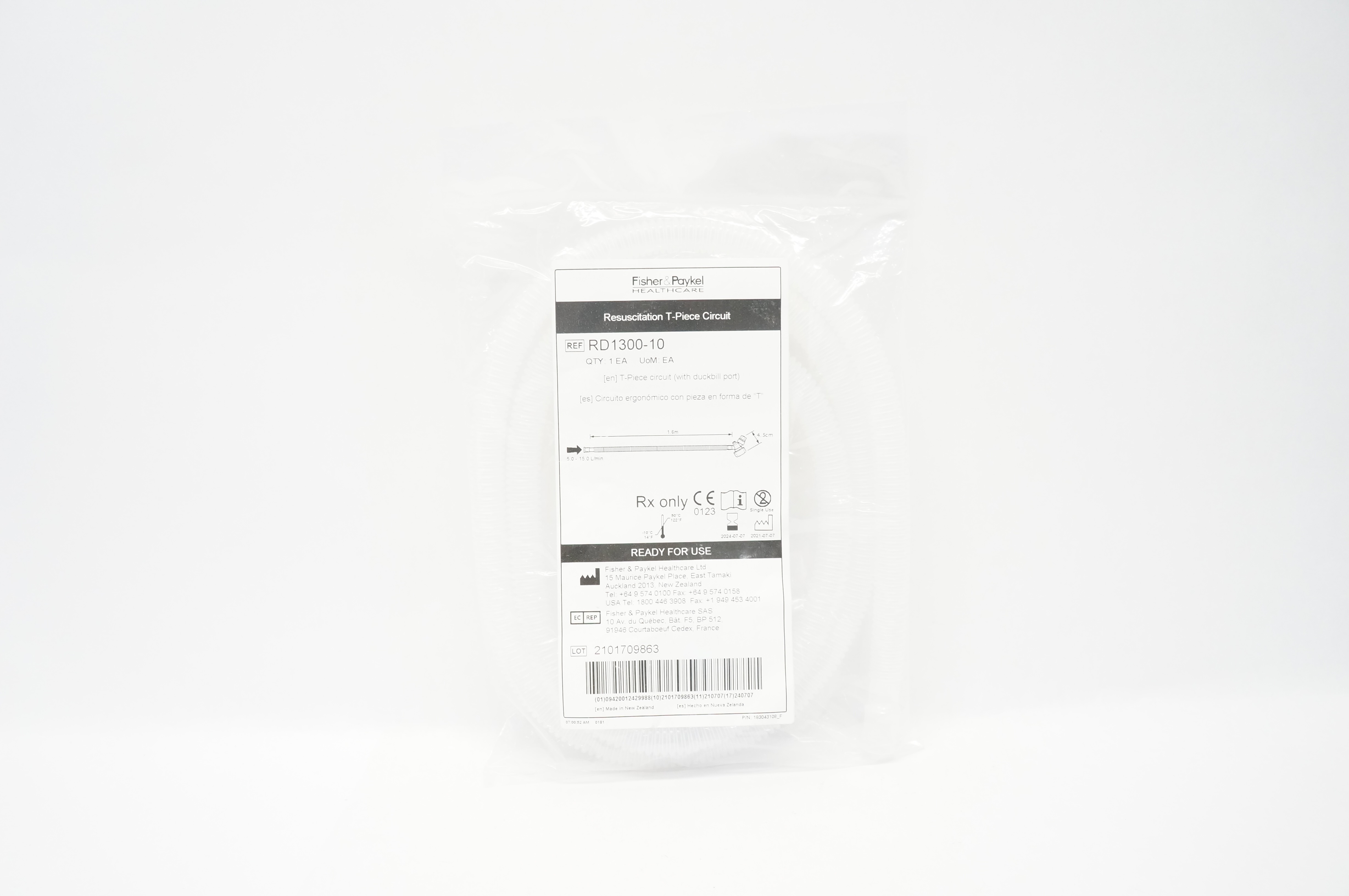 Fisher&Paykel RD1300-10 Resuscitation T-Piece Circuit 1.6m x 4.5cm 5.0-15.0L/min