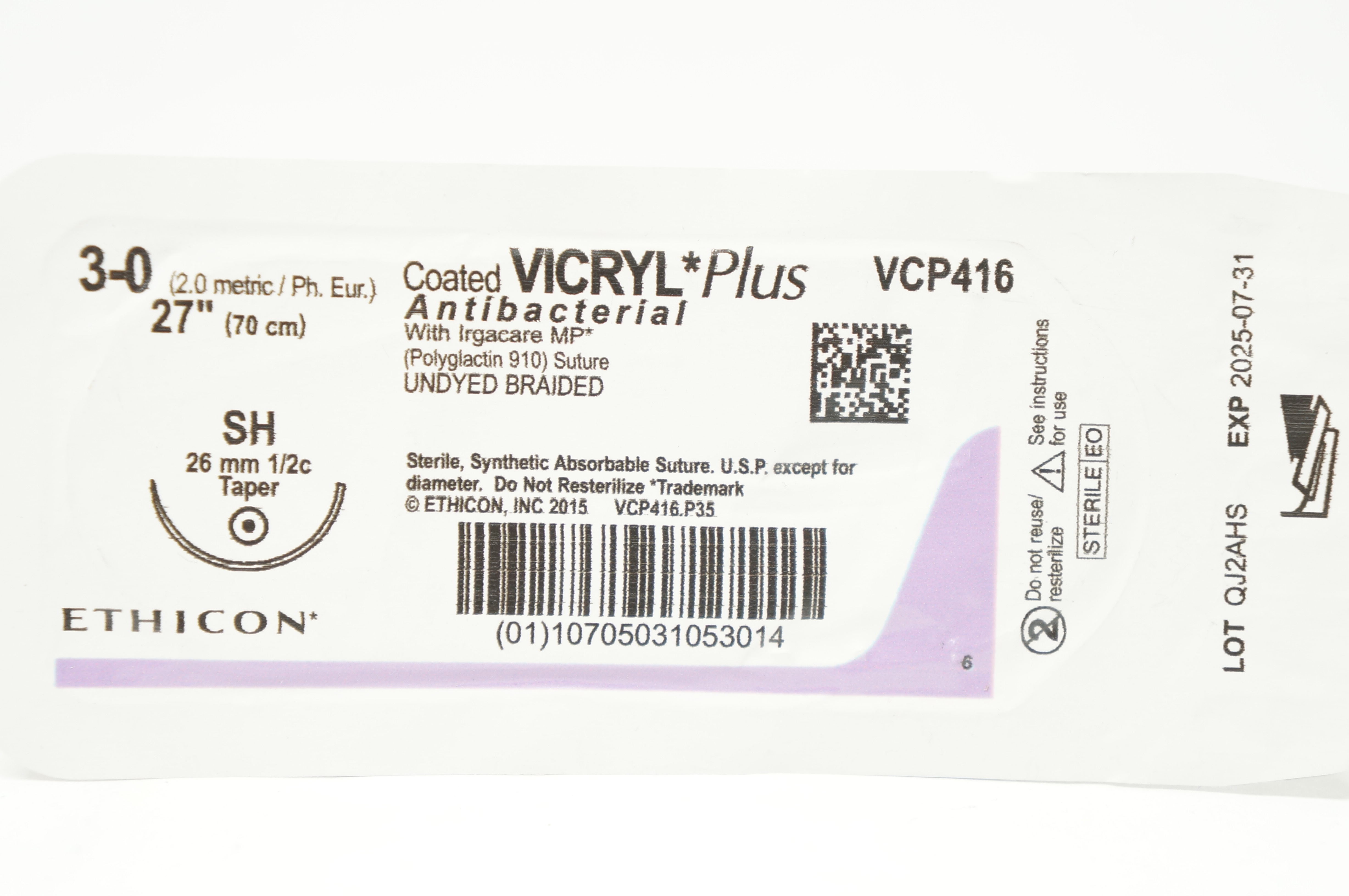 Ethicon VCP416 3-0 Vicryl Plus Antibacterial Stre SH 26mm 1/2c Taper 27 inch