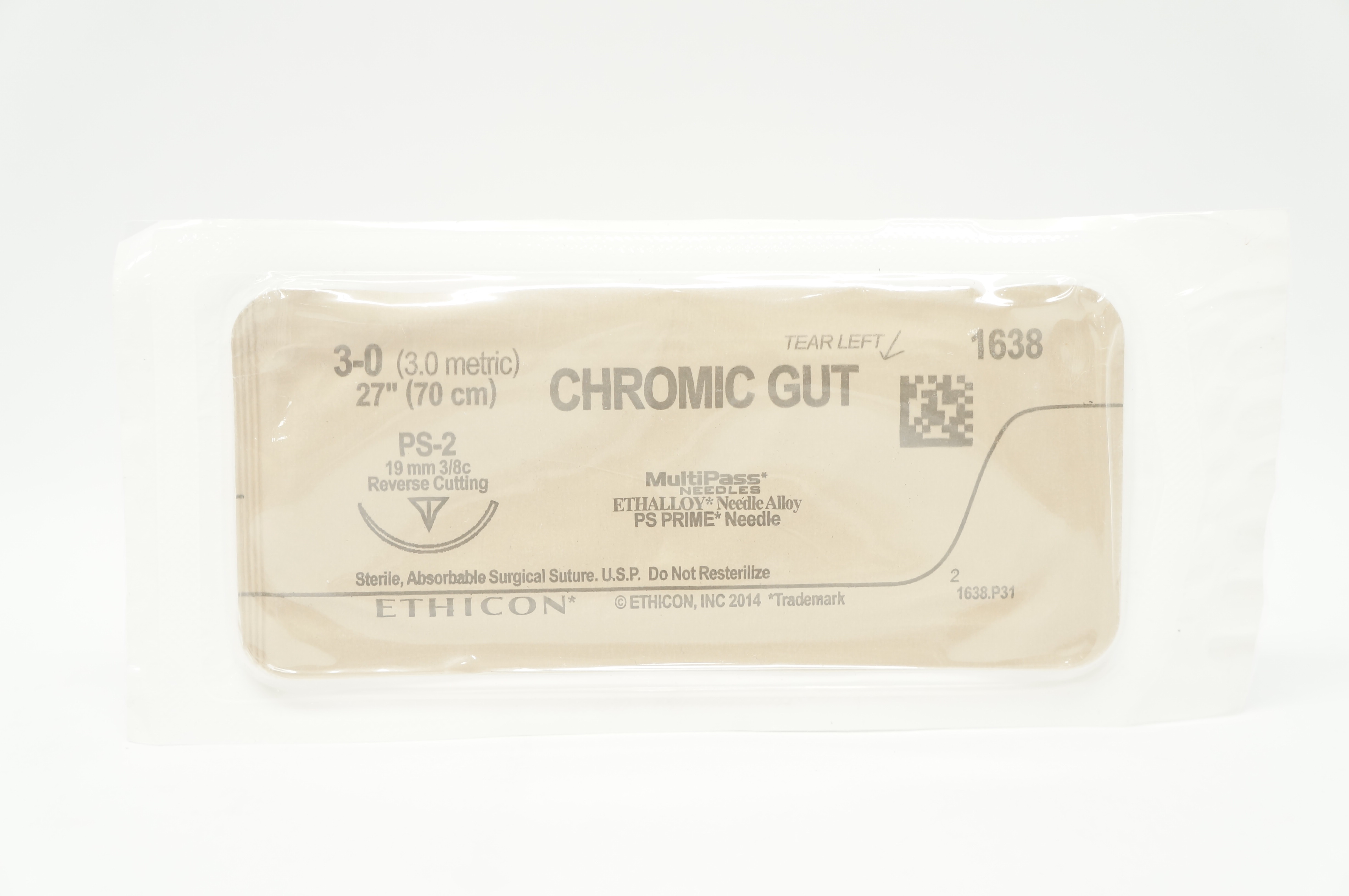 Ethicon 1638 3-0 Chromic Gut PS-2 19mm 3/8c Reverse Cutting 27inch (x)