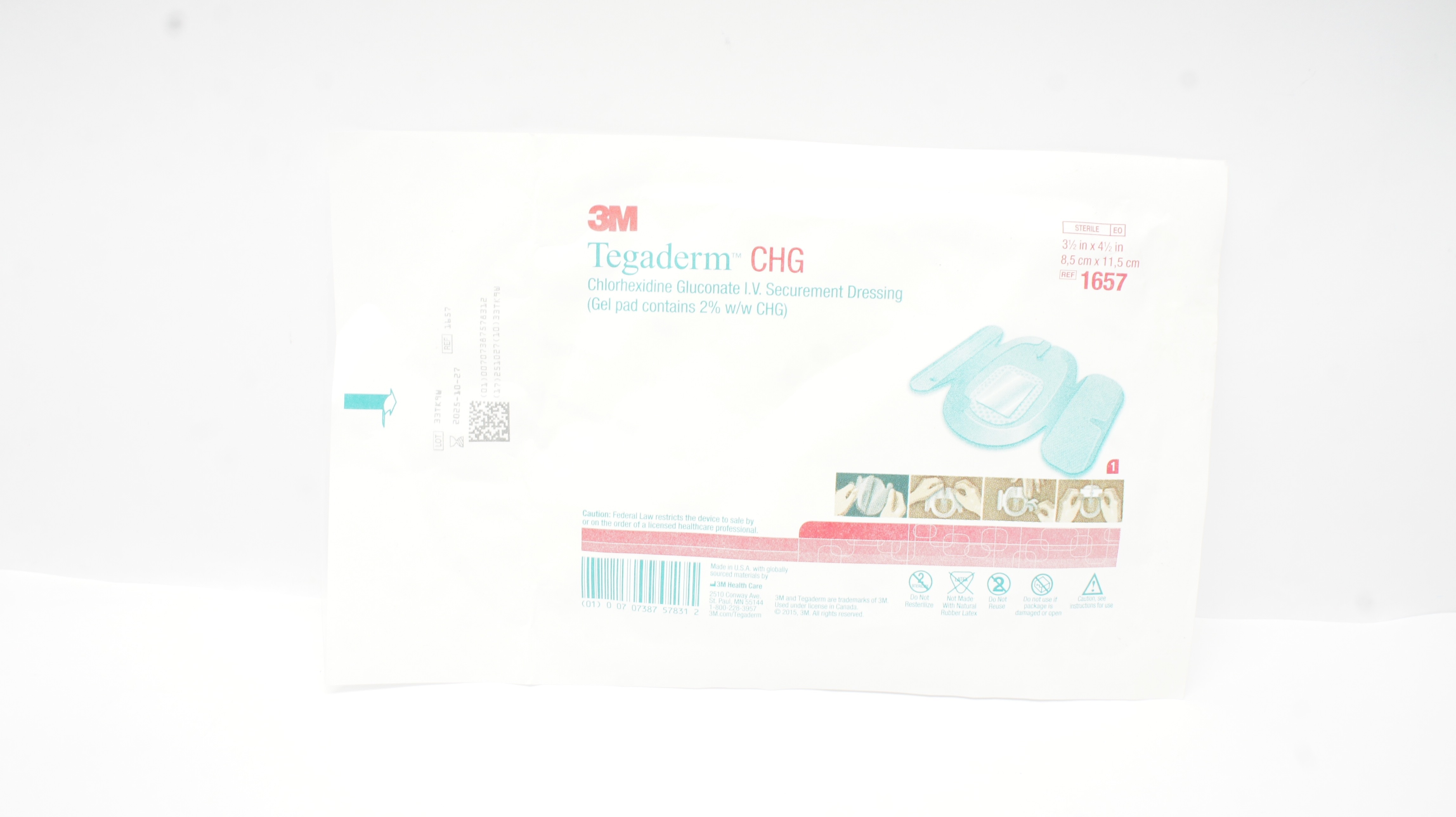 3M 1657 Tegaderm CHG I.V. Securement Dressing 3-1/2inch x 4-1/2inch