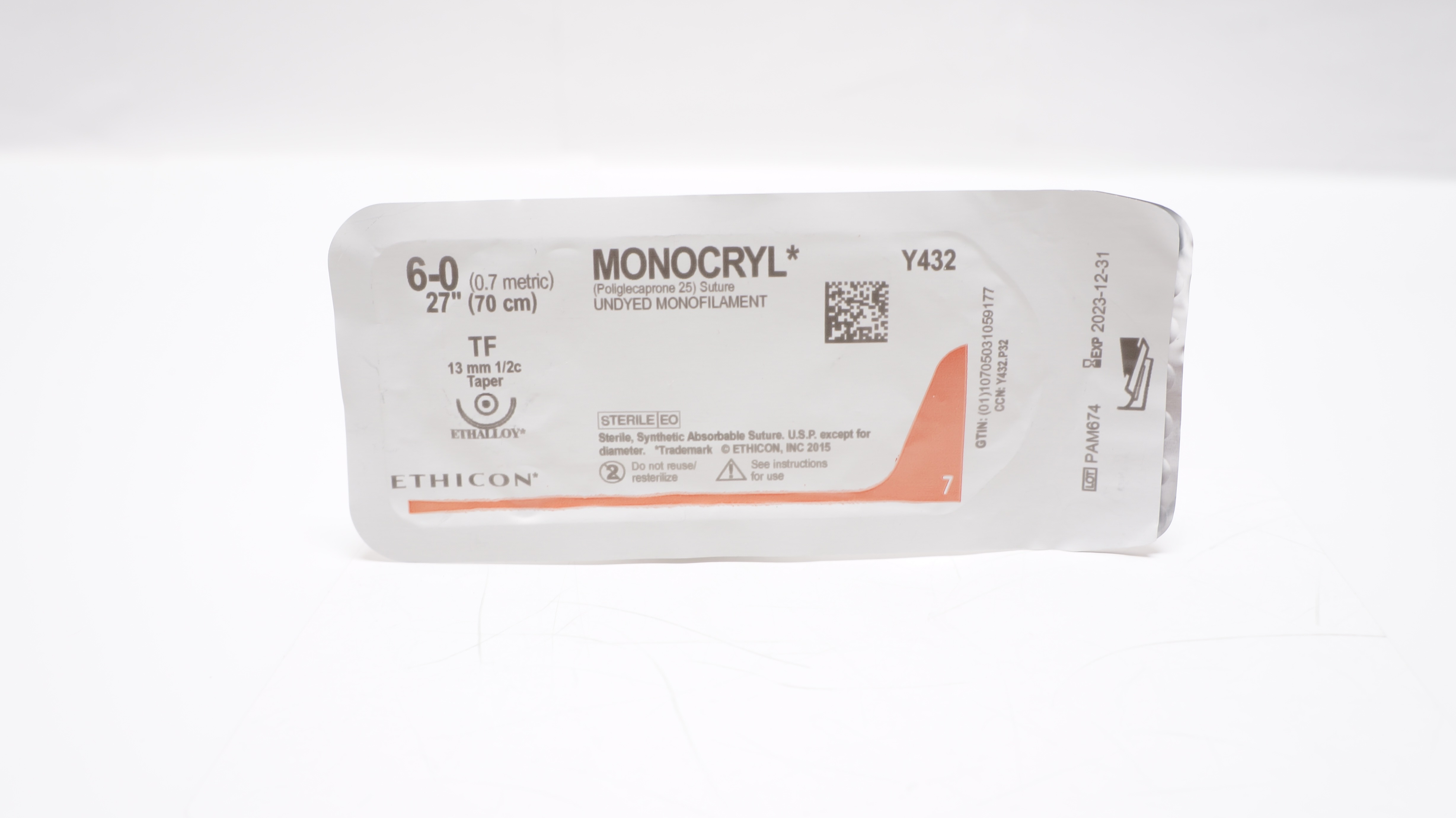 Ethicon Y432 6-0 MONOCRYL Undyed Monofilament, TF, 13mm 1/2c Taper, 27inch (x)