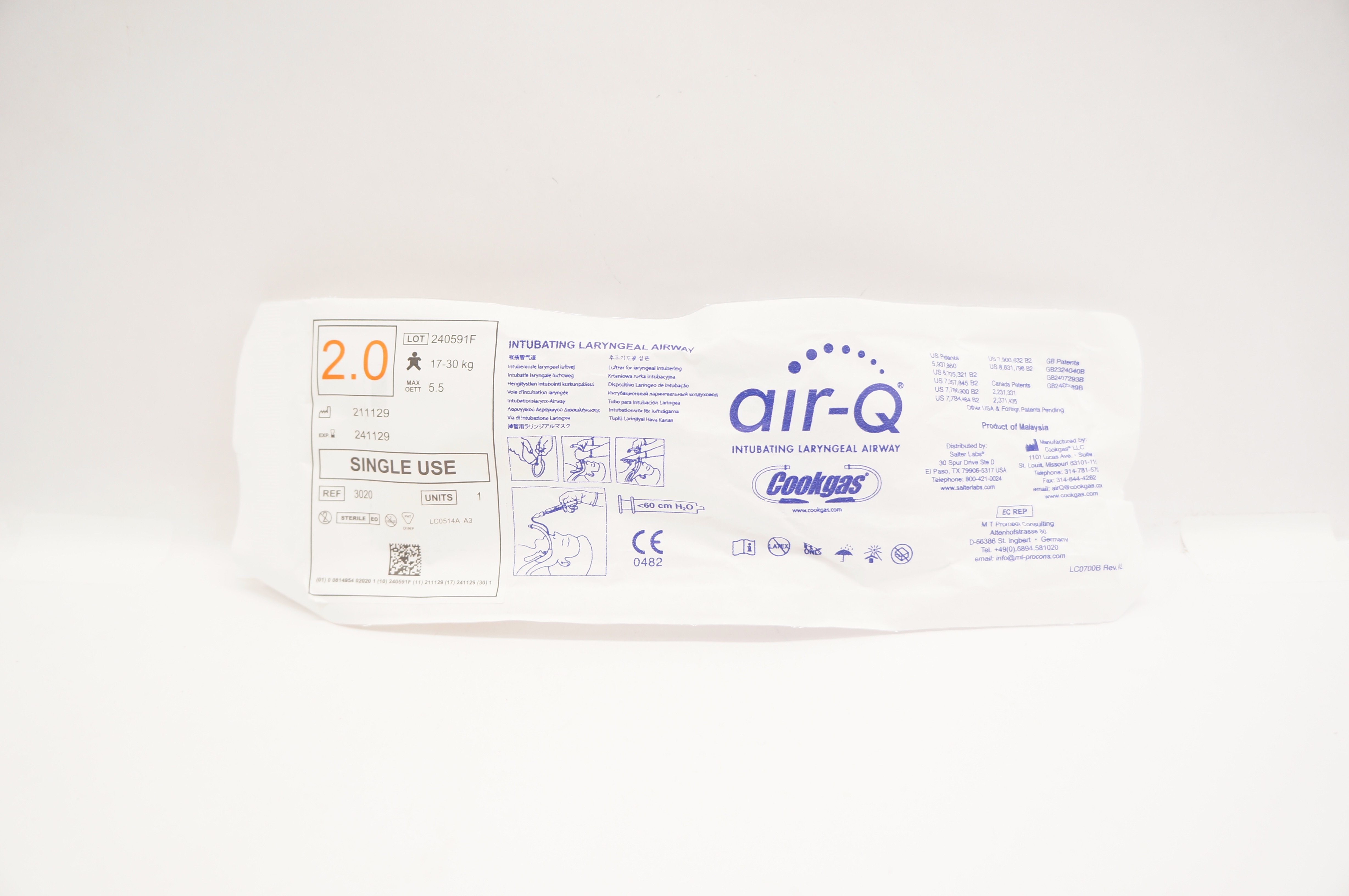 Cookgas 3020 Air-Q Intubating Laryngeal Airway Size 2.0 17-30kg