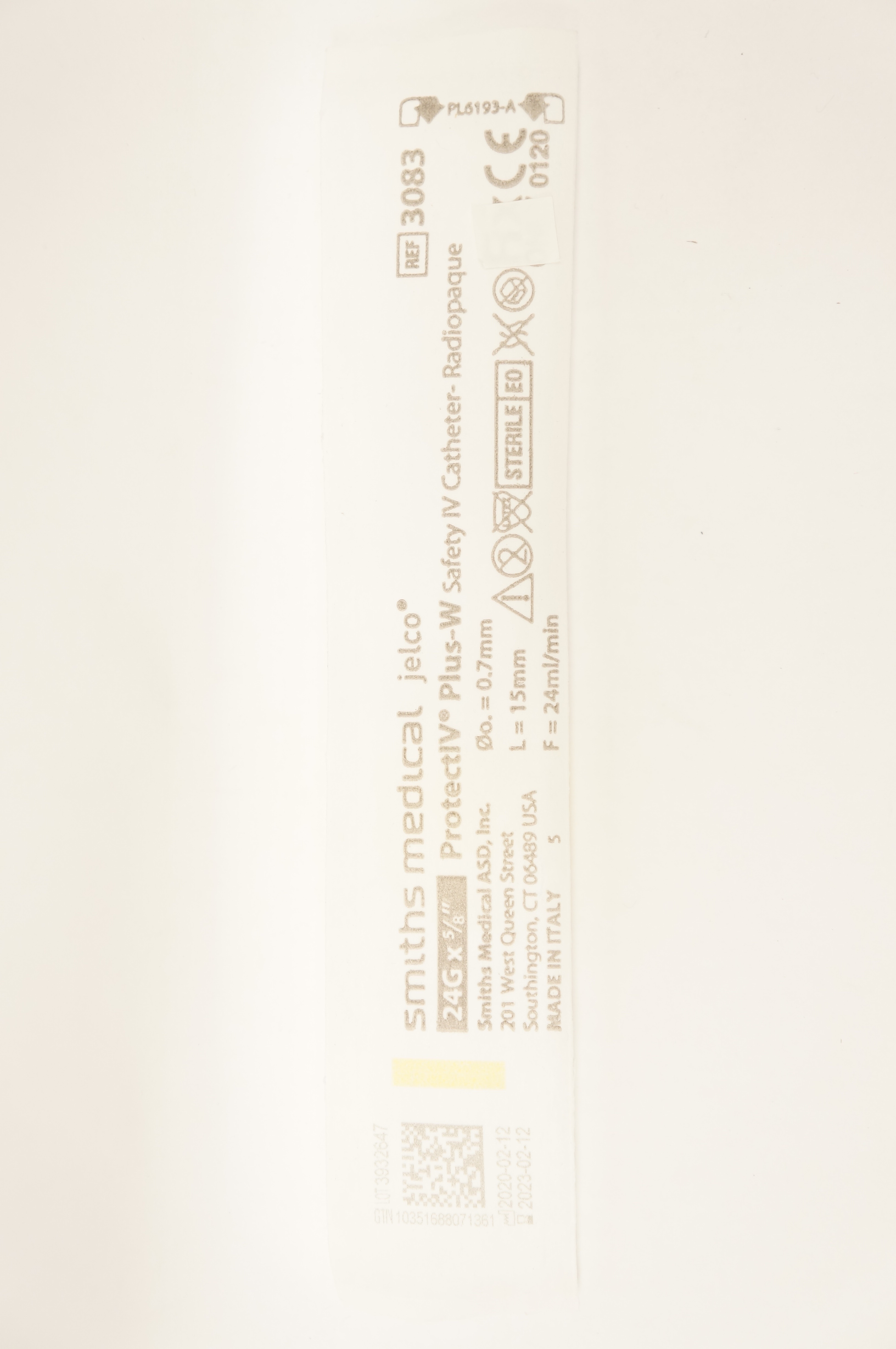 Smiths Medical 3083 Jelco Protect IV Plus-W Safety IV Cath. 24G x 5/8 inch