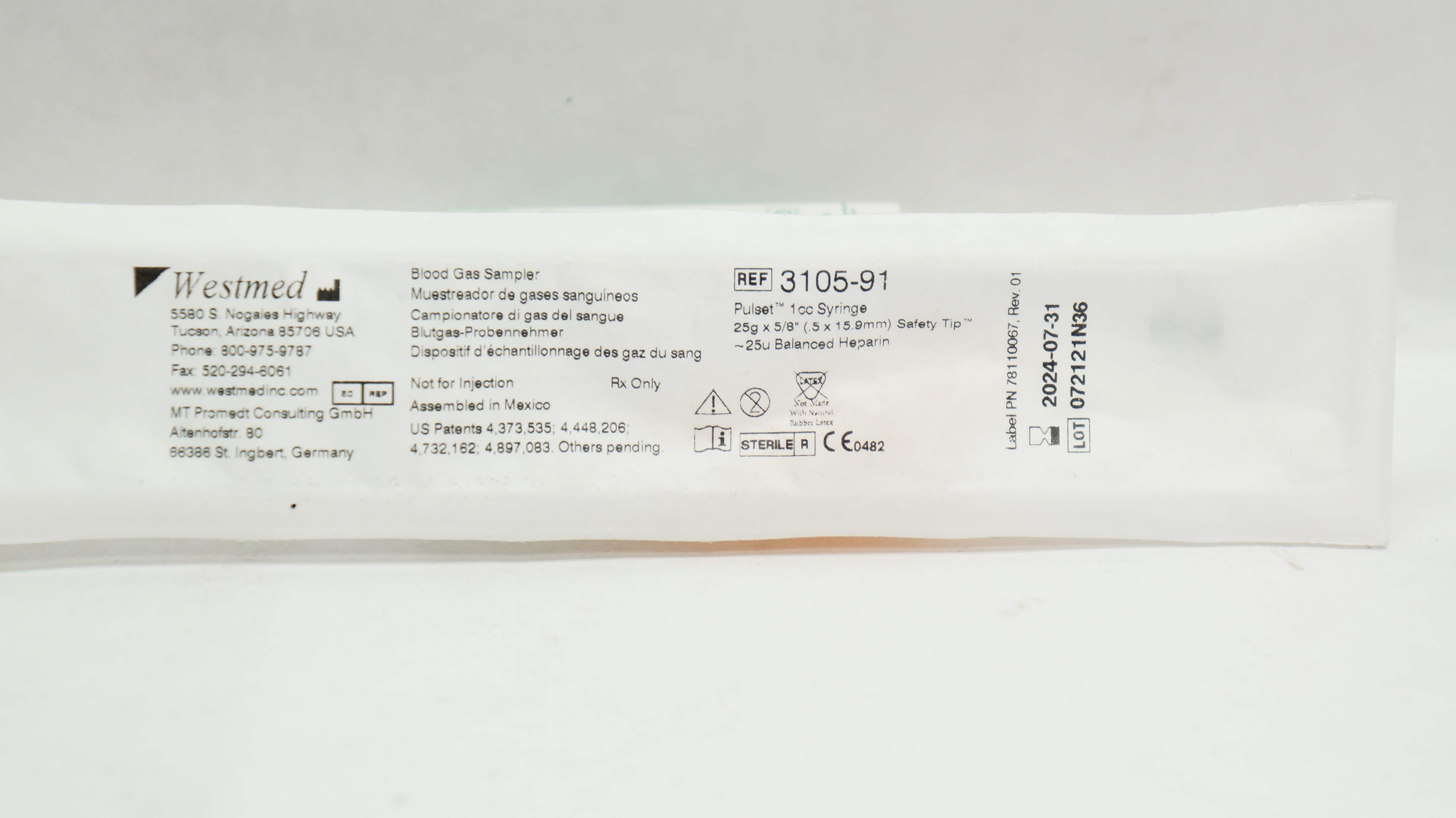 WestMed 310591 Blood Gas Sampler Pulset 1cc Syringe 25g x 5/8inch