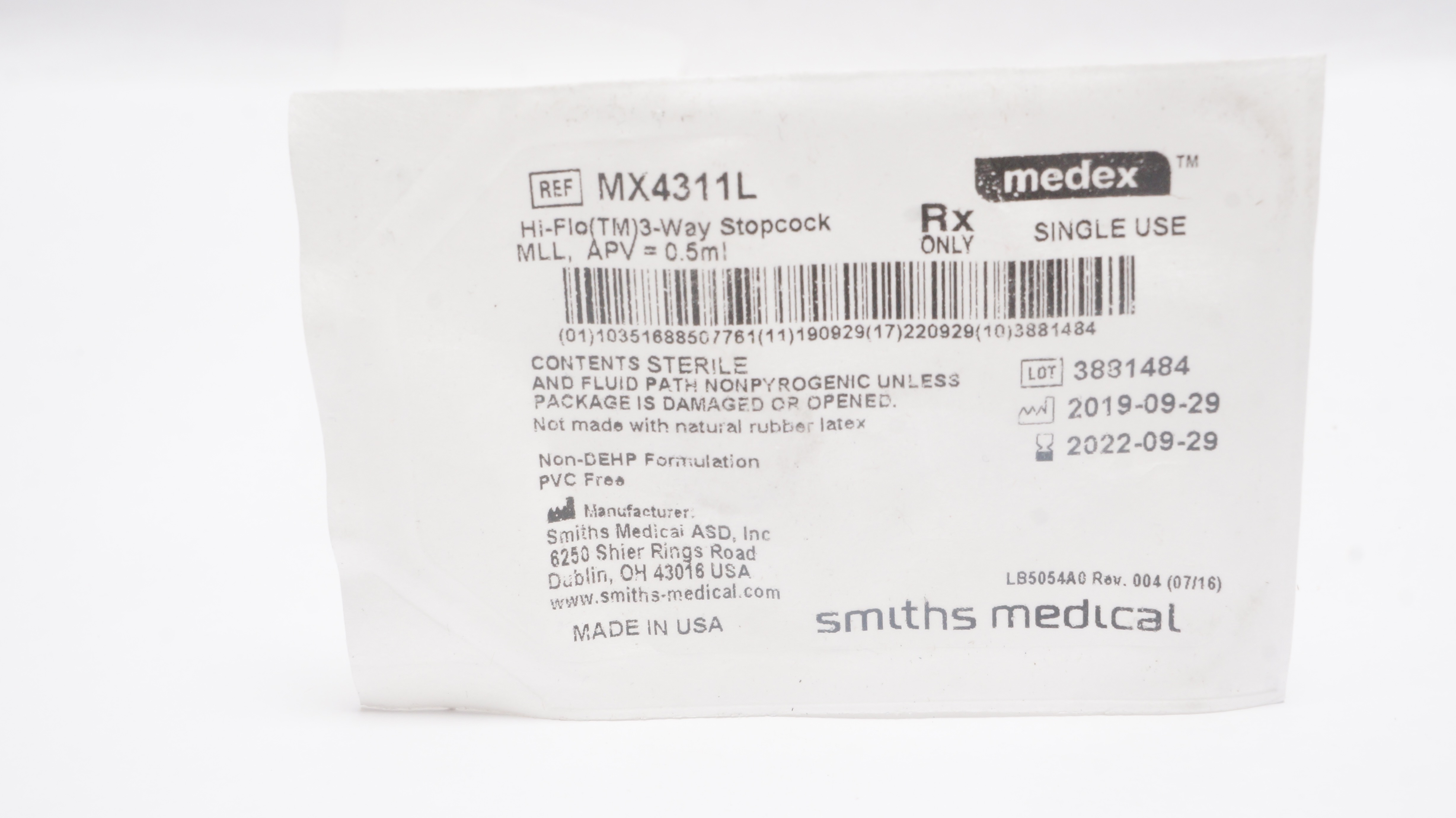 Smiths Medical MX4311L Medex Hi-Flo 3 Way Stopcock MLL, APV=0.5mL (x)