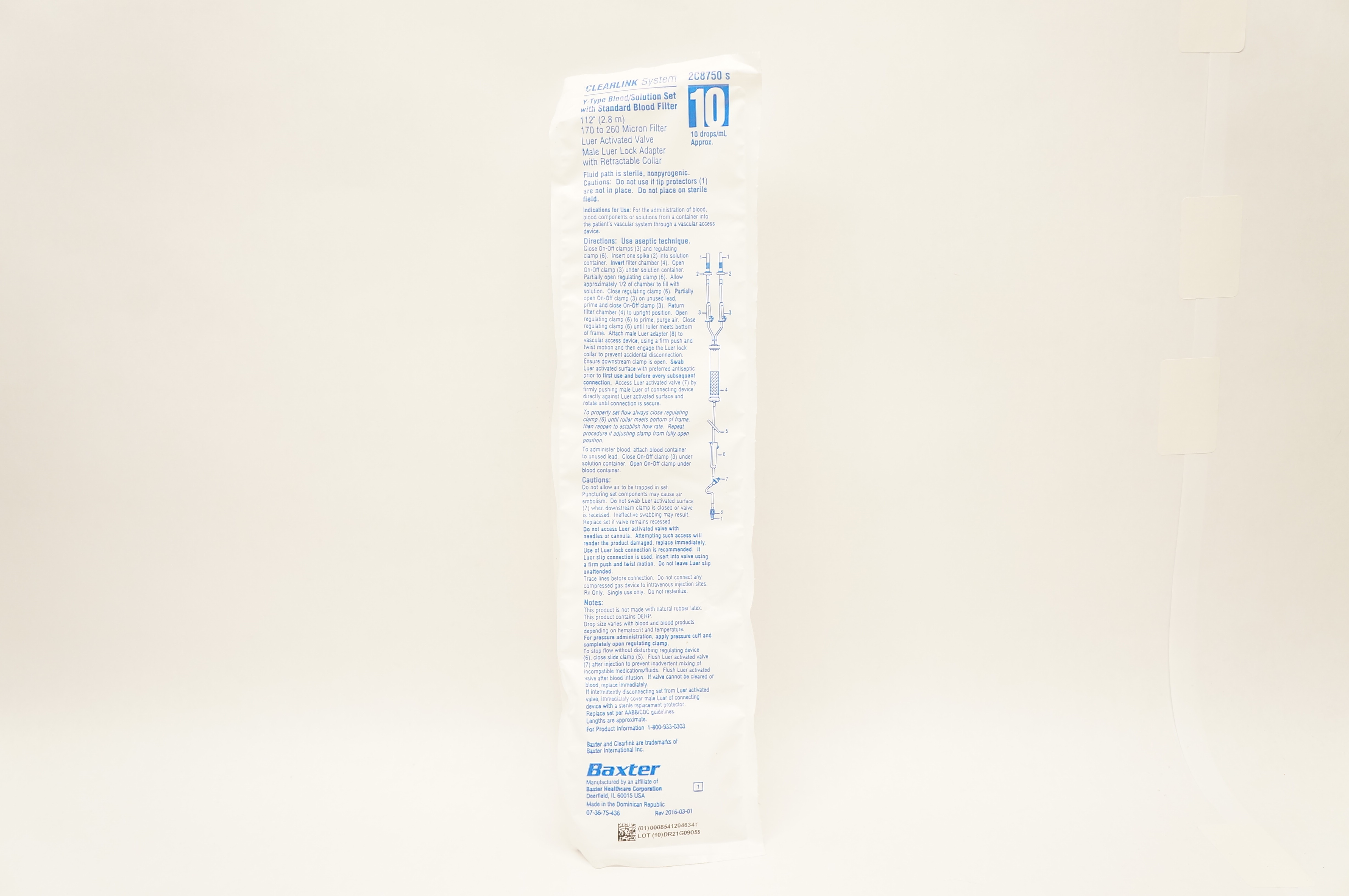 Baxter 2C8750s Clearlink System Y-Type Blood/Solution Set 112inch 10 Drops/mL