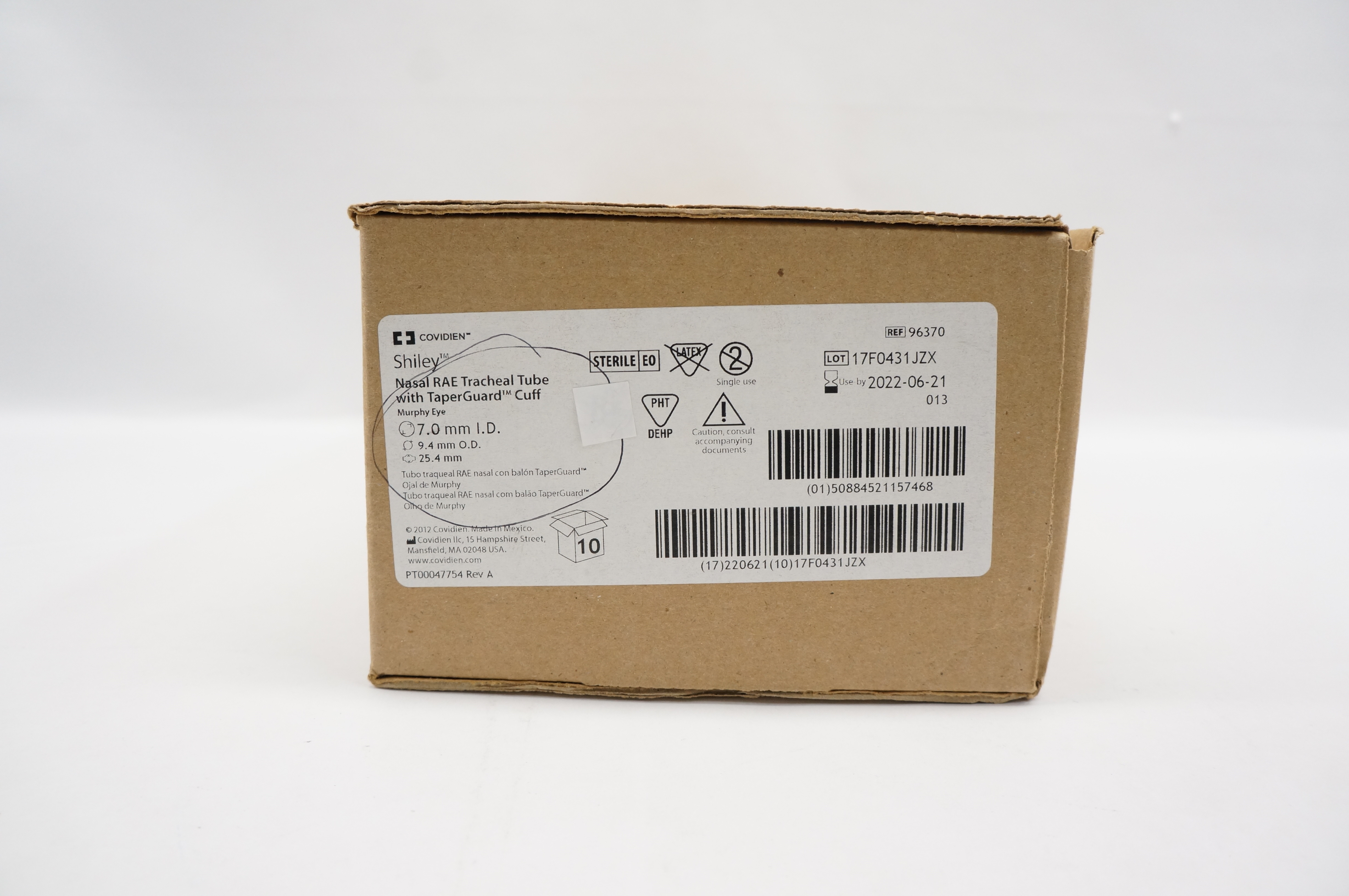 Covidien 96370 Shiley Nasal RAE Tracheal Tube w TaperGuard Cuff 7.0mm- Box of 10