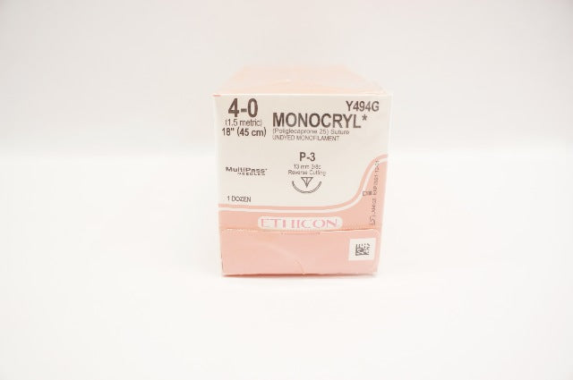 Ethicon Y494G 4-0 MONOCRYL P-3 13mm 3/8c Reverse Cutting 18inch - Box of 12 (x)