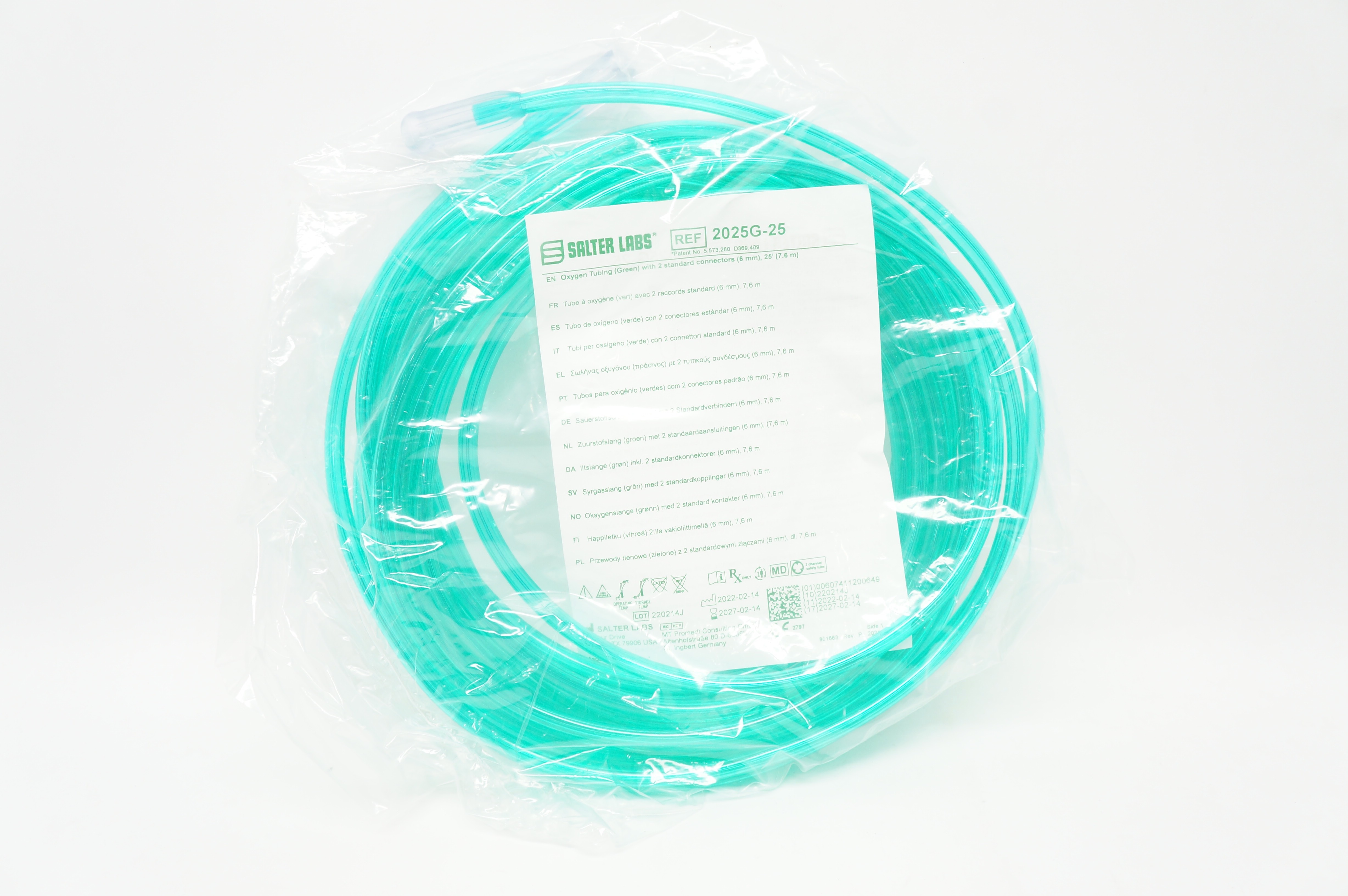 Salter Labs 2025G-25 Oxygen Tubing (Green) w/2 Standard Connectors 6mm x 25ft.