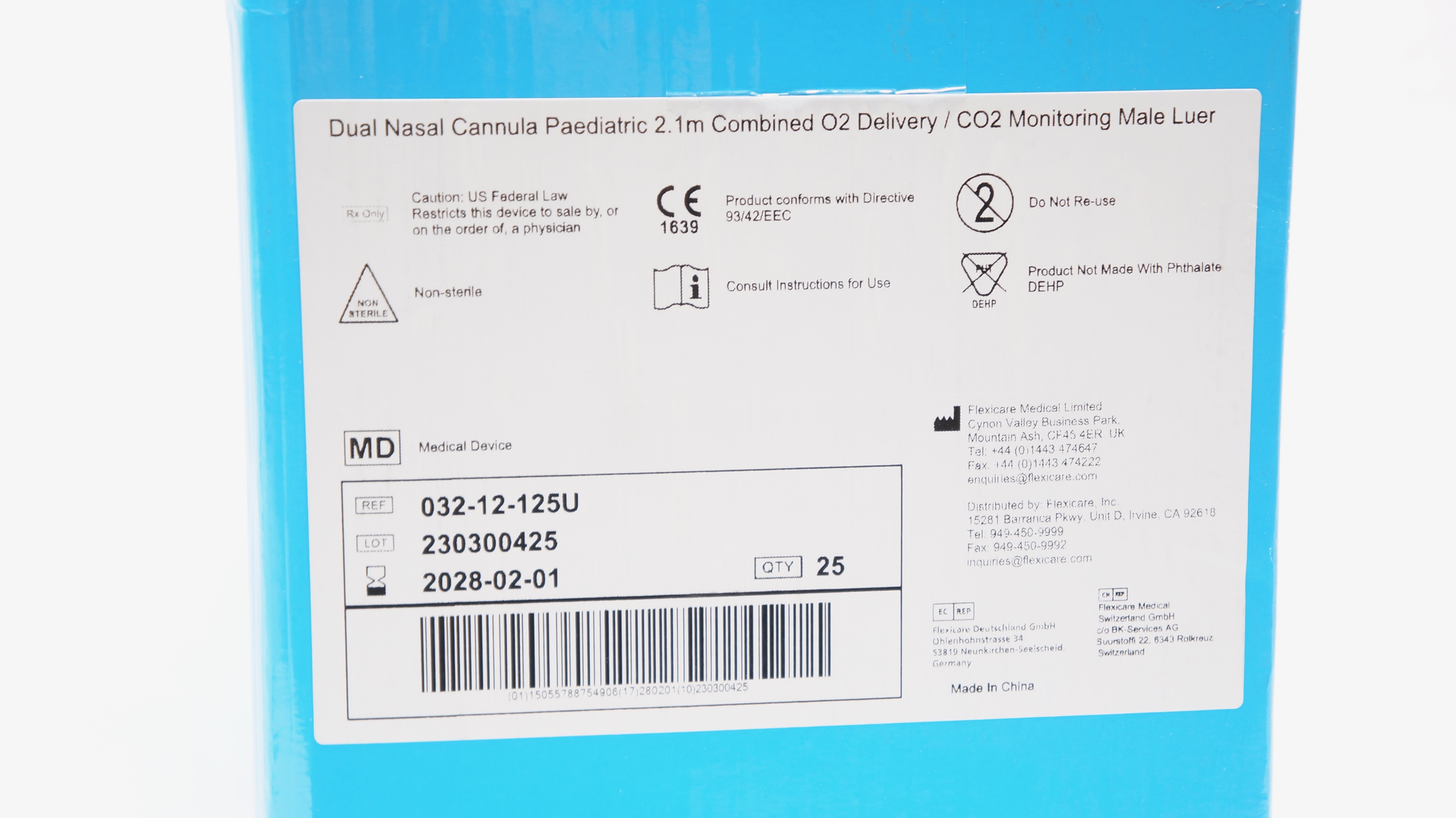 Flexicare 03212125U Paediatric Dual Nasal Cannula w/2.1m Male Luer