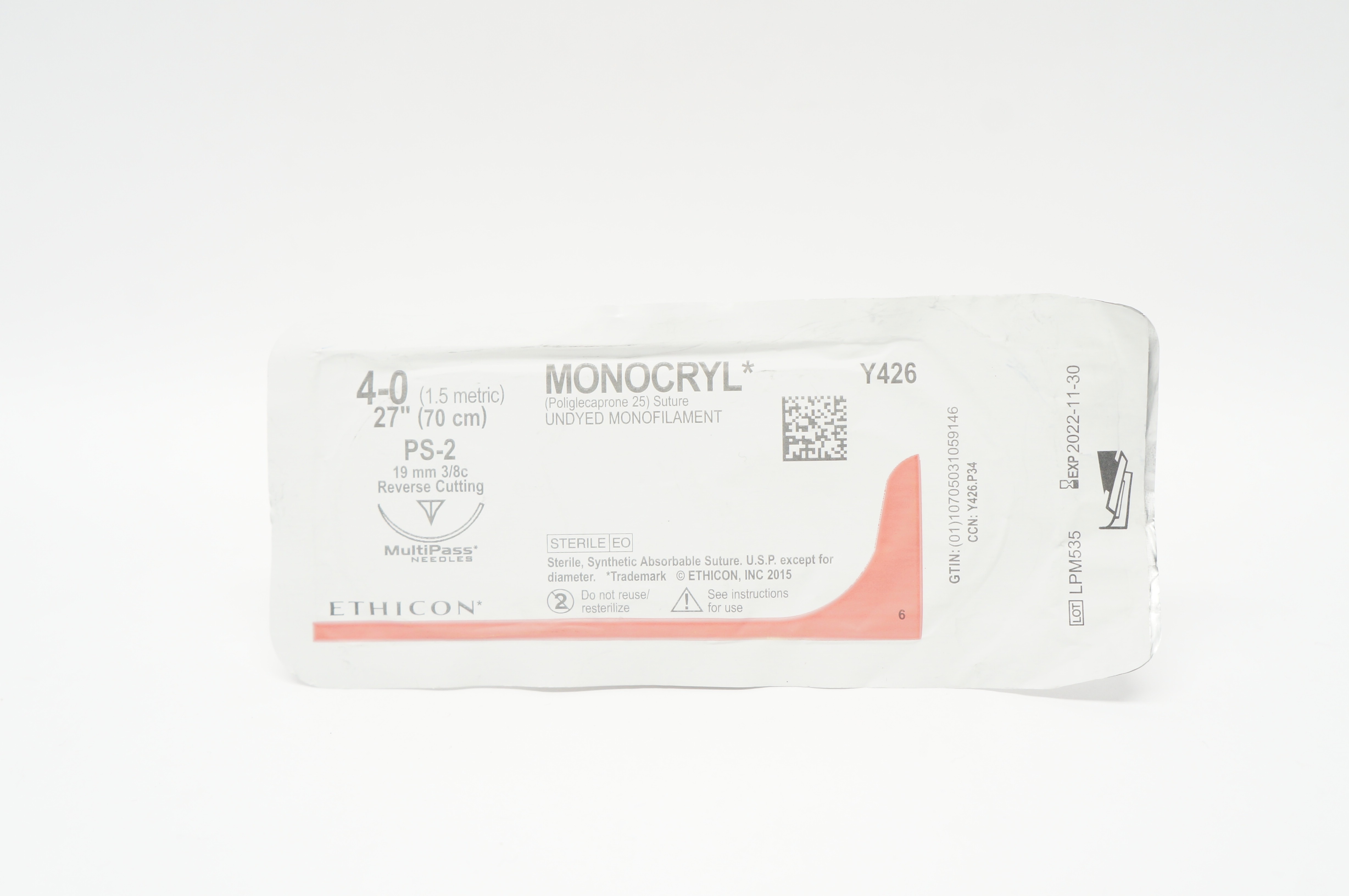 Ethicon Y426 4-0 Monocryl PS-2 19mm 3/8c Reverse Cutting, 27inch