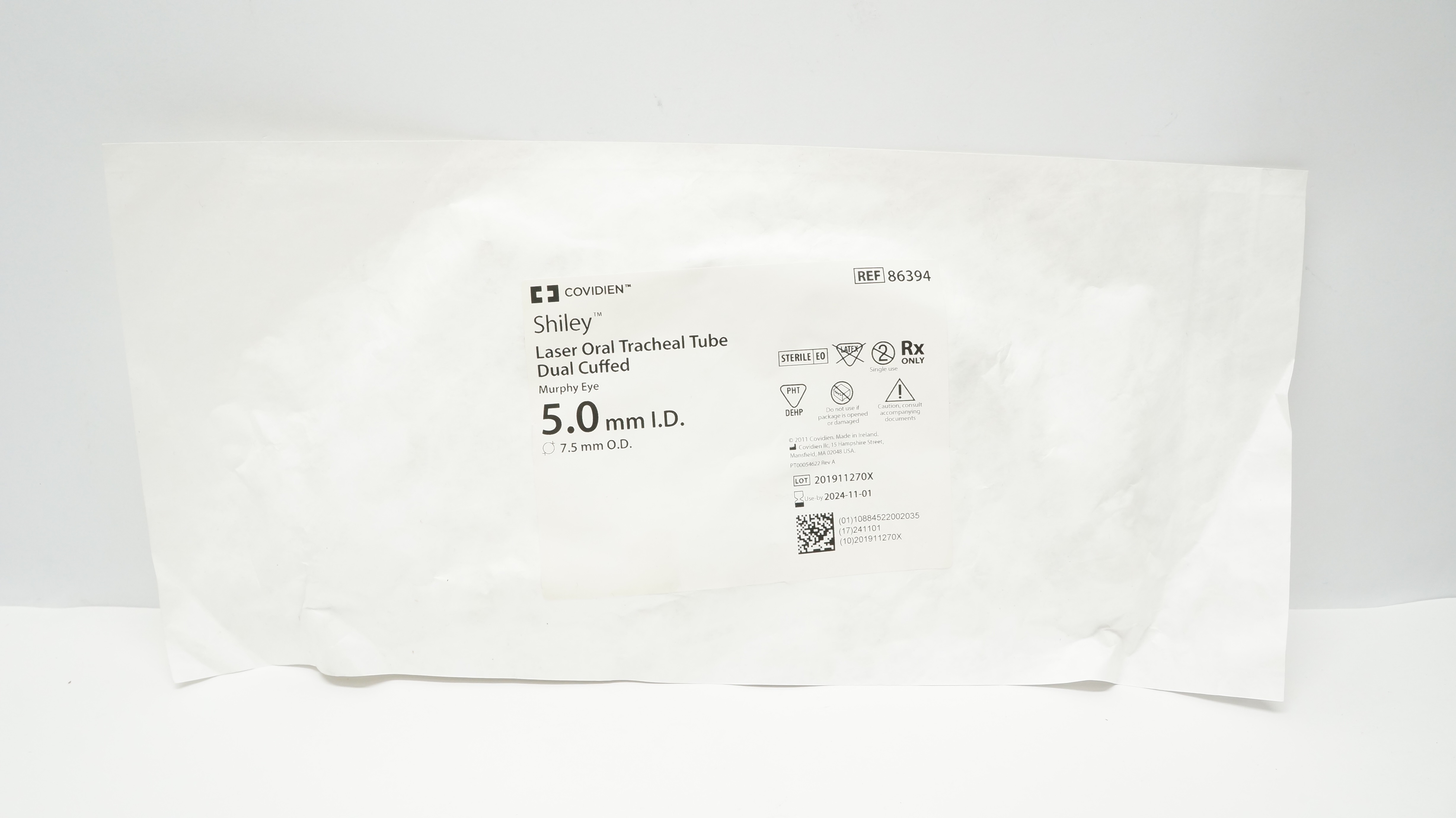 Covidien 86394 Shiley Laser Oral Tracheal Tube Dual Cuffed 5.0mm ID, 7.5mm OD(x)