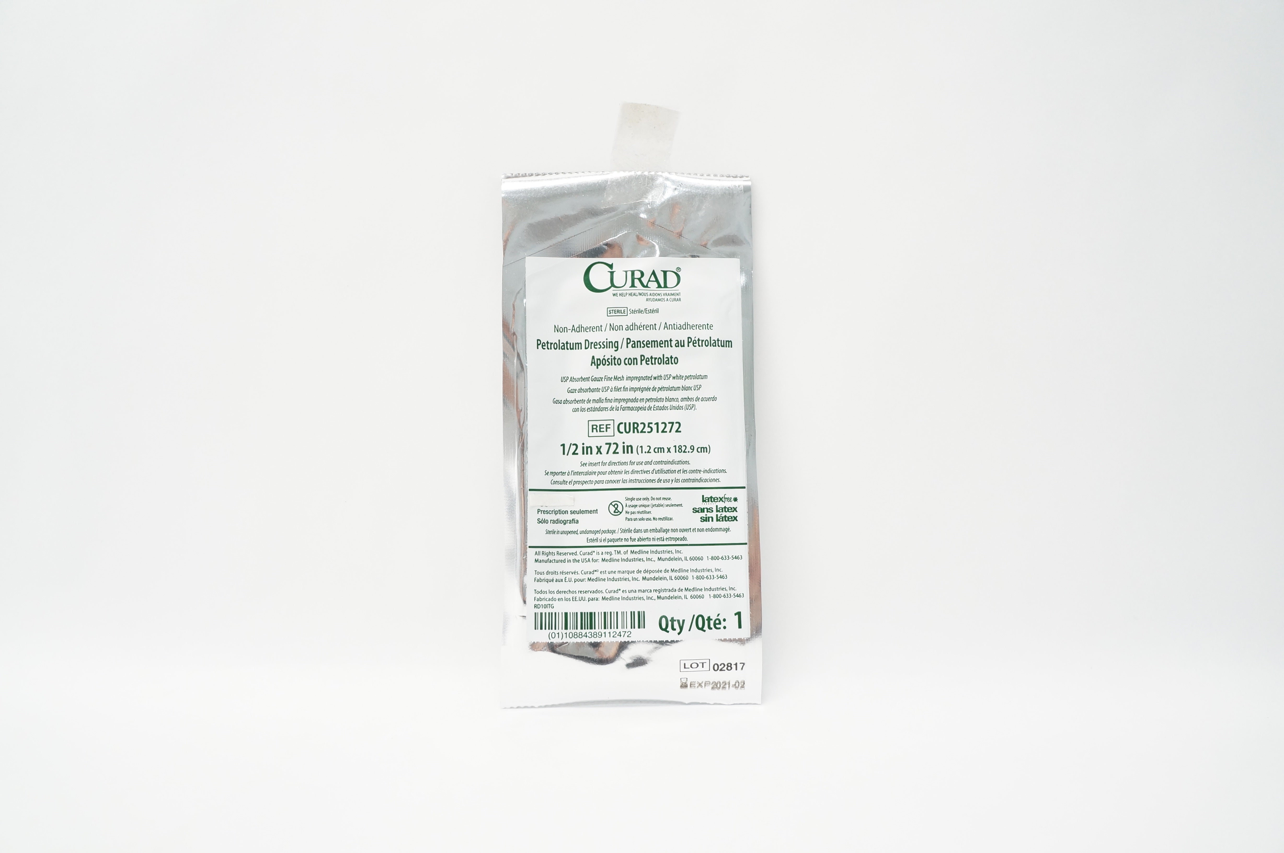 Medline CUR251272 Curad Non-Adherent Petrolatum Dressing  1/2inch x 72inch (x)