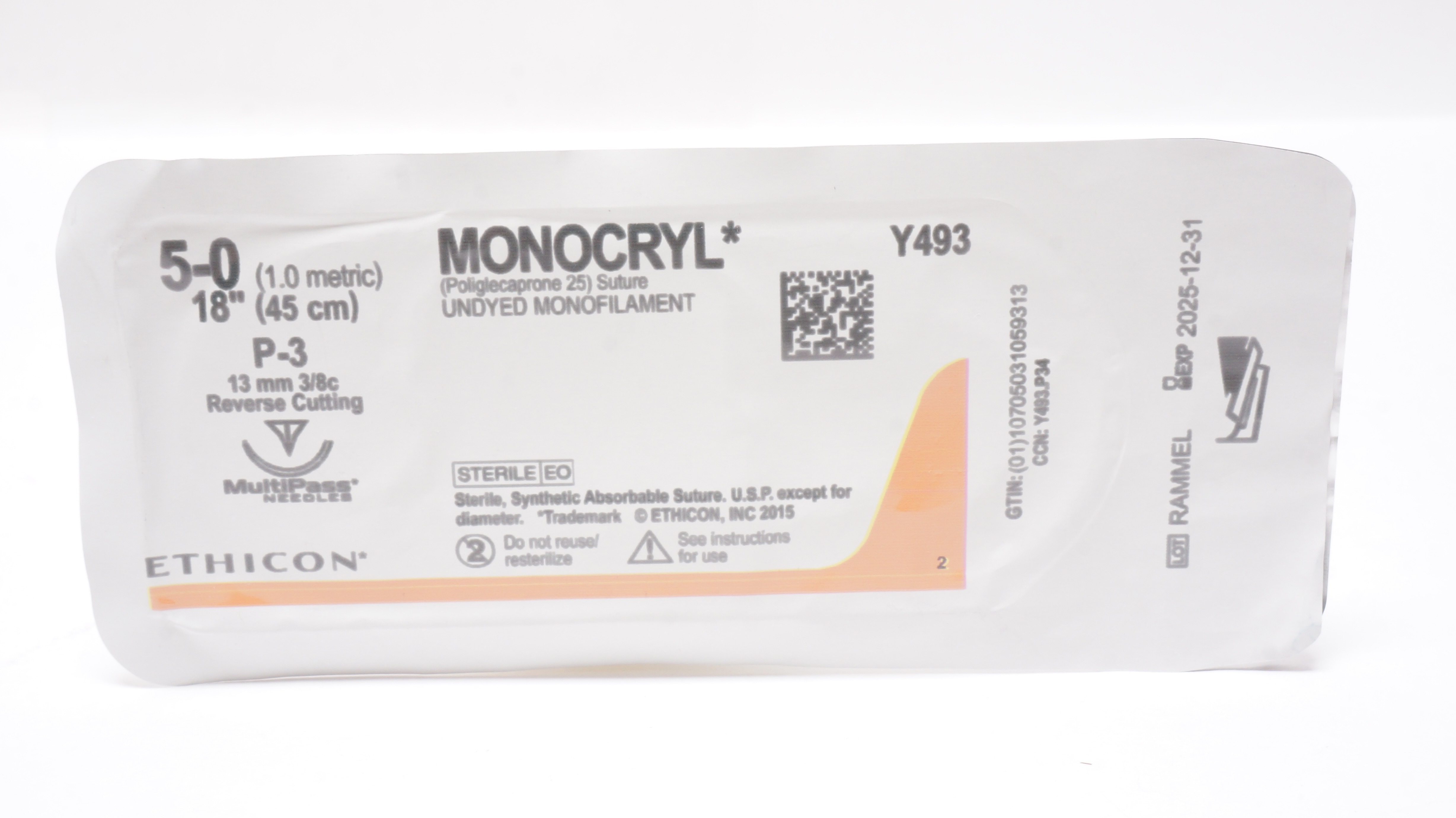 Ethicon Y493 5-0 MONOCRYL Undyed Monofilament P-3 13mm 3/8c Reverse Cutting18in.