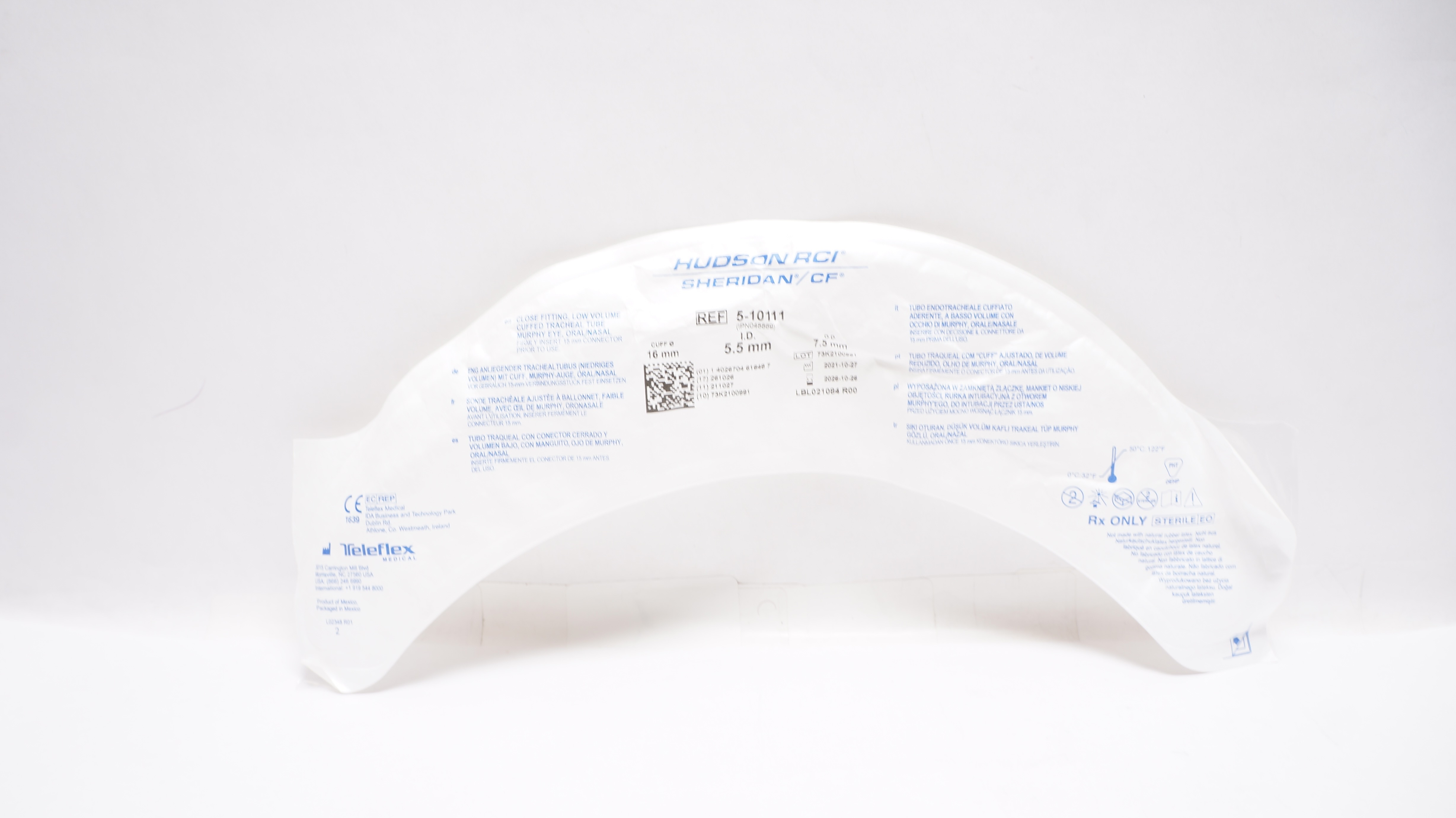 Teleflex 5-10111 Hudson RCI Cuffed Tracheal Tube Murphy Eye 5.5ID x 7.5OD x 16mm