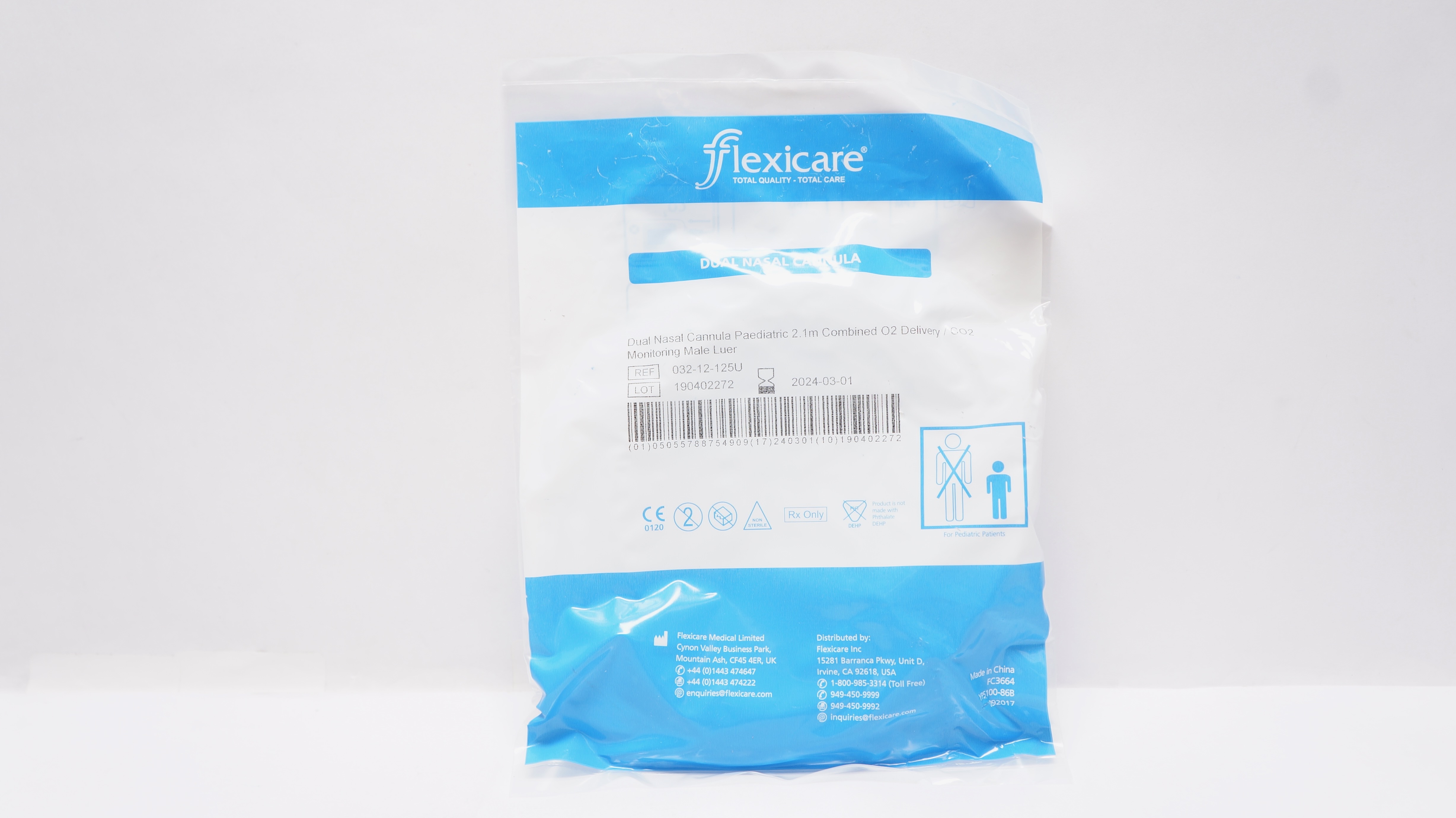 Flexicare 03212125U Paediatric Dual Nare Nasal Cannula w/2.1m Male Luer