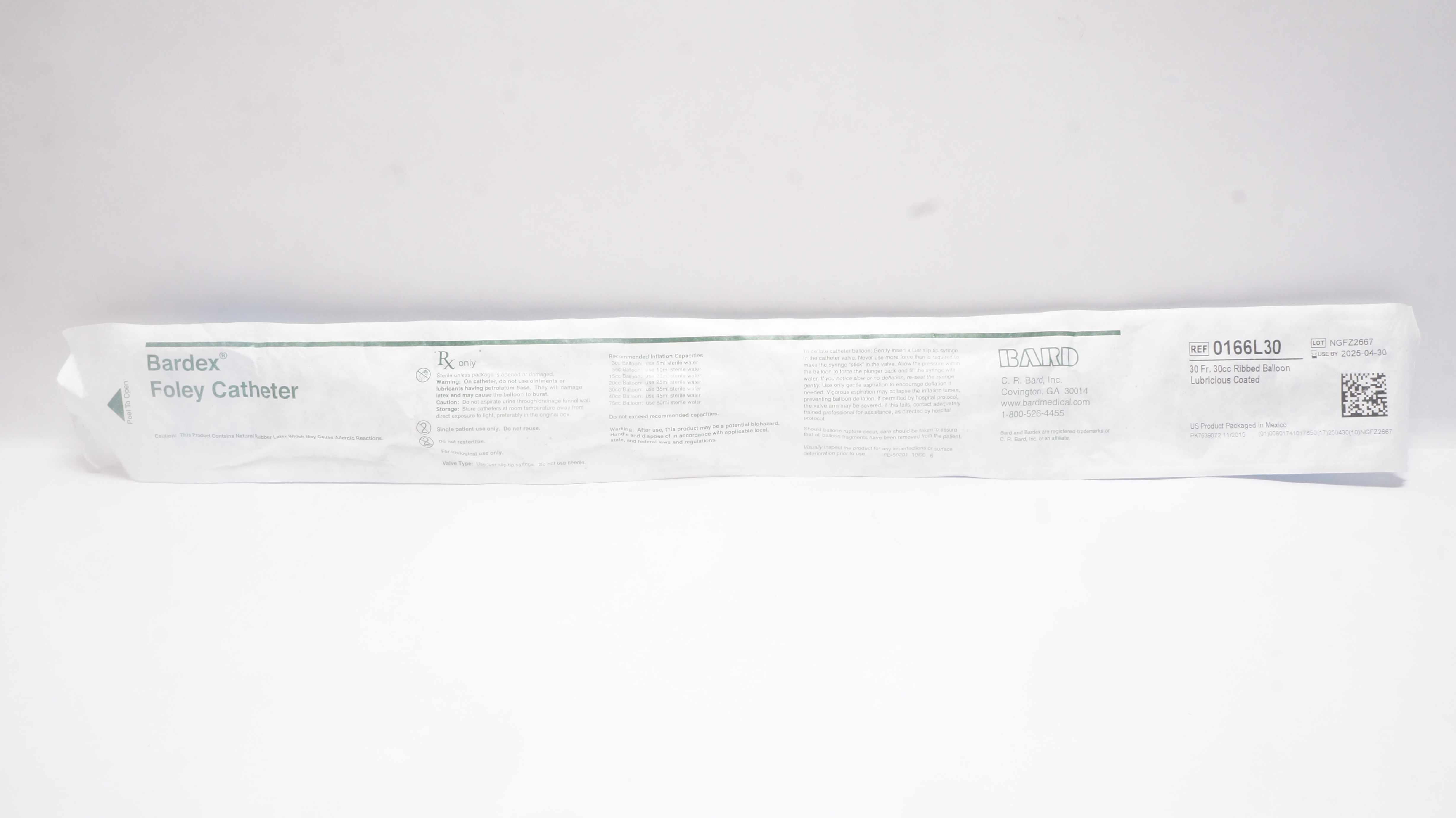 Bard 0166L30 Bardex Foley Cath. 30Fr. 30cc Ribbed Balloon Lubricious Coated