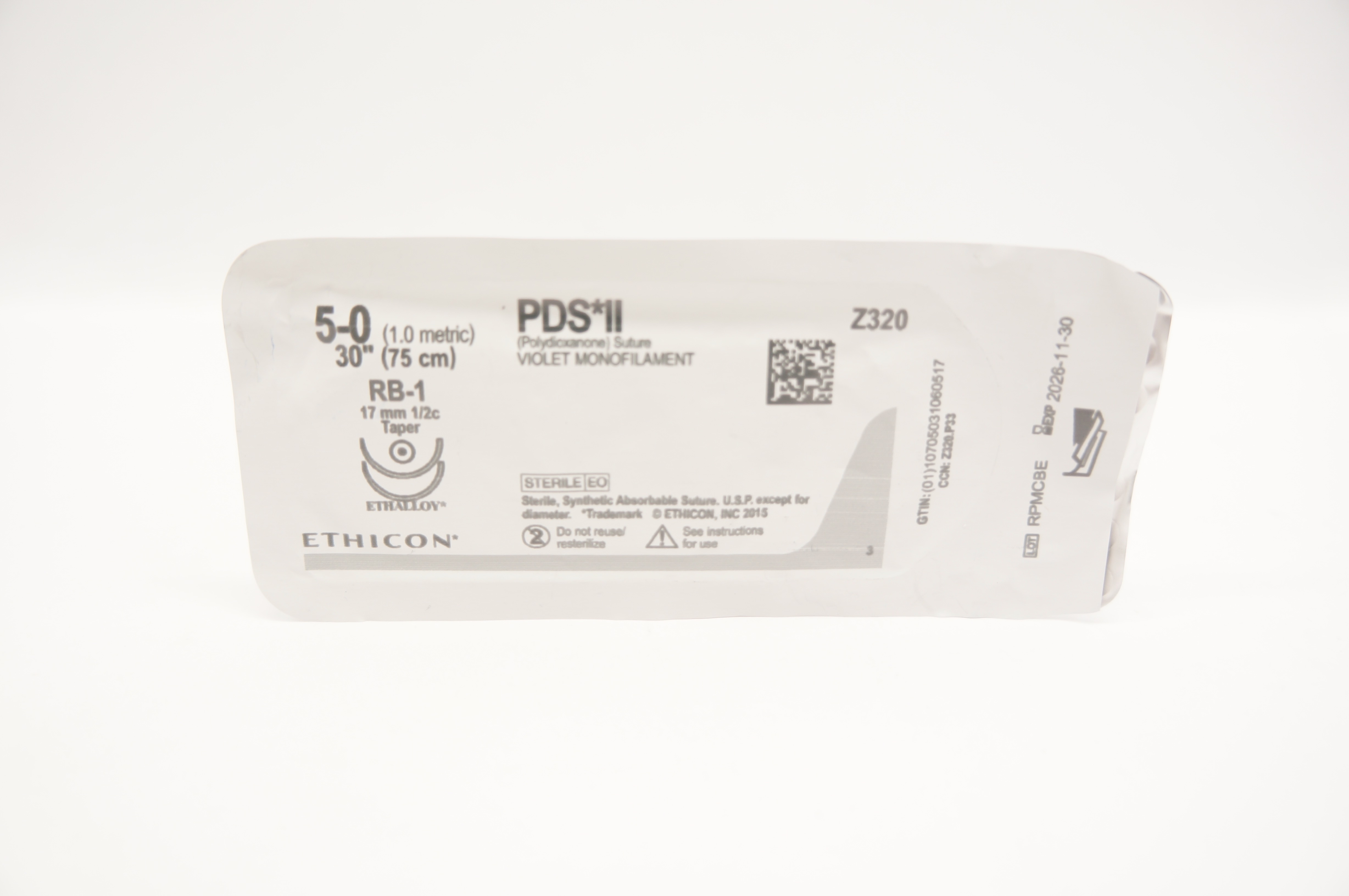 Ethicon Z320 5-0 PDS II Stre Violet Monofilament RB-1 17mm 1/2c Taper 30inch
