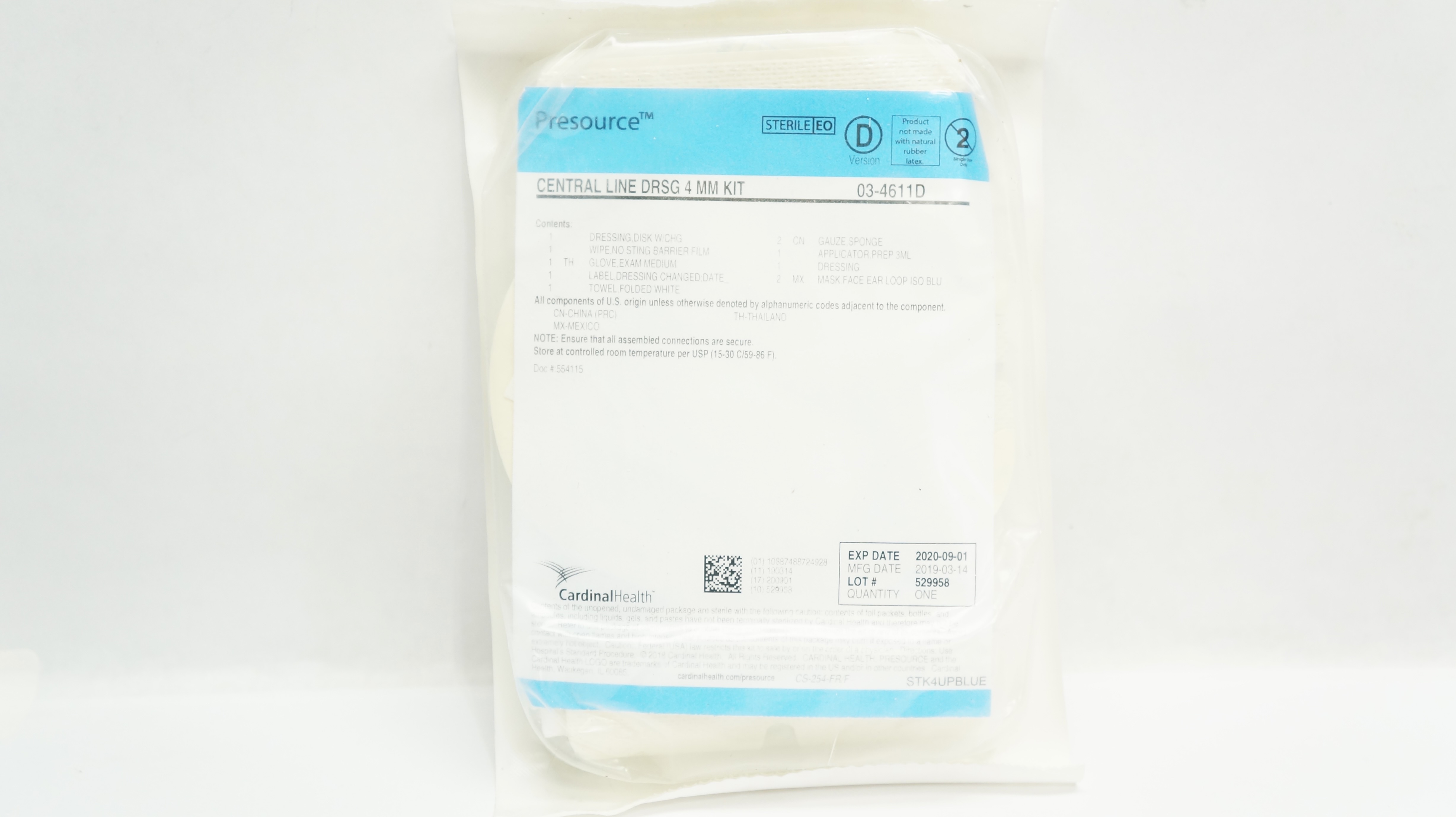 Cardinal Health 03-4611D Presource Central Line DRSG 4mm Kit