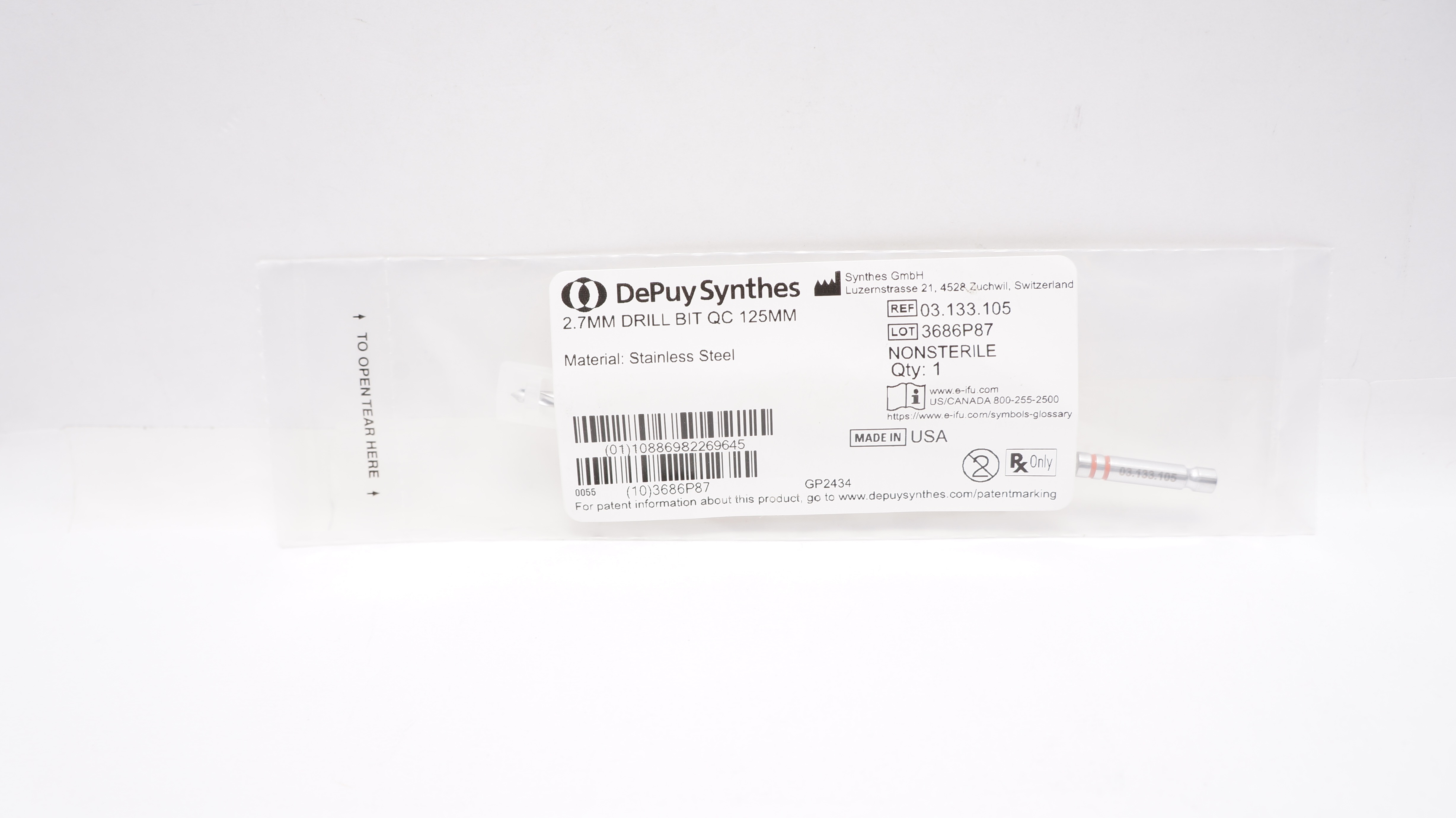 DePuy Synthes 03.133.105 2.7mm Stainless Steel Drill Bit QC 125mm
