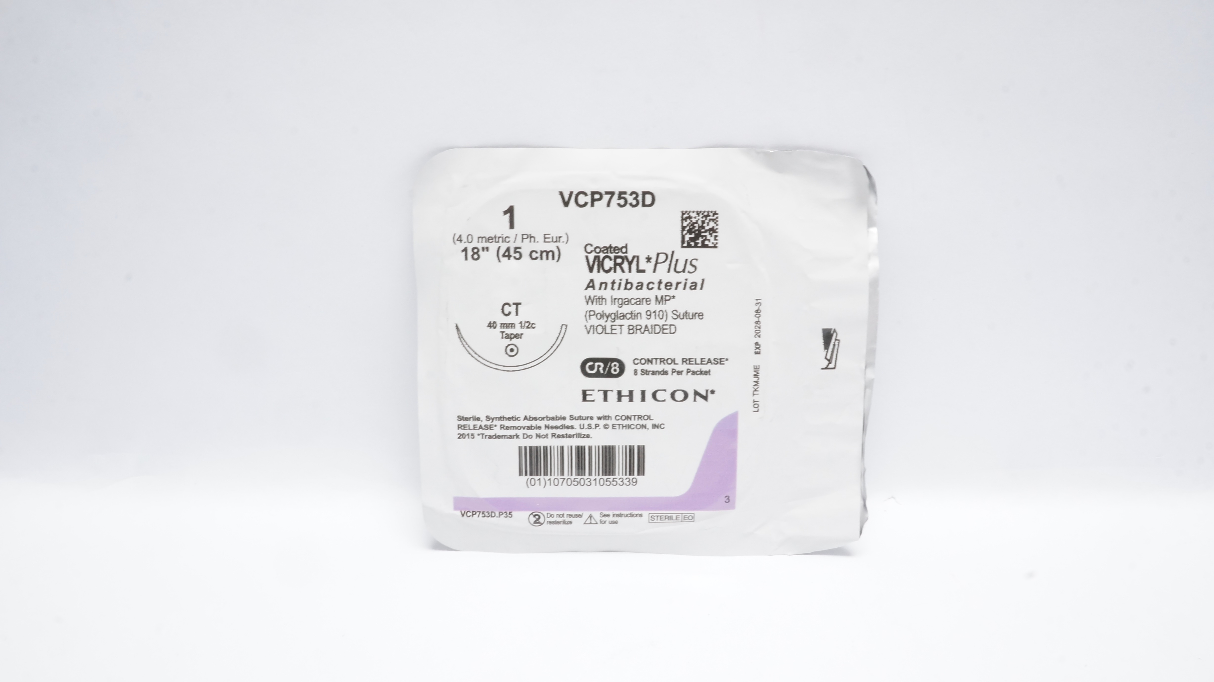 Ethicon VCP753D 1 Coated VICRYL Polyglactin Stre CT 40mm 1/2c Taper, 18inch