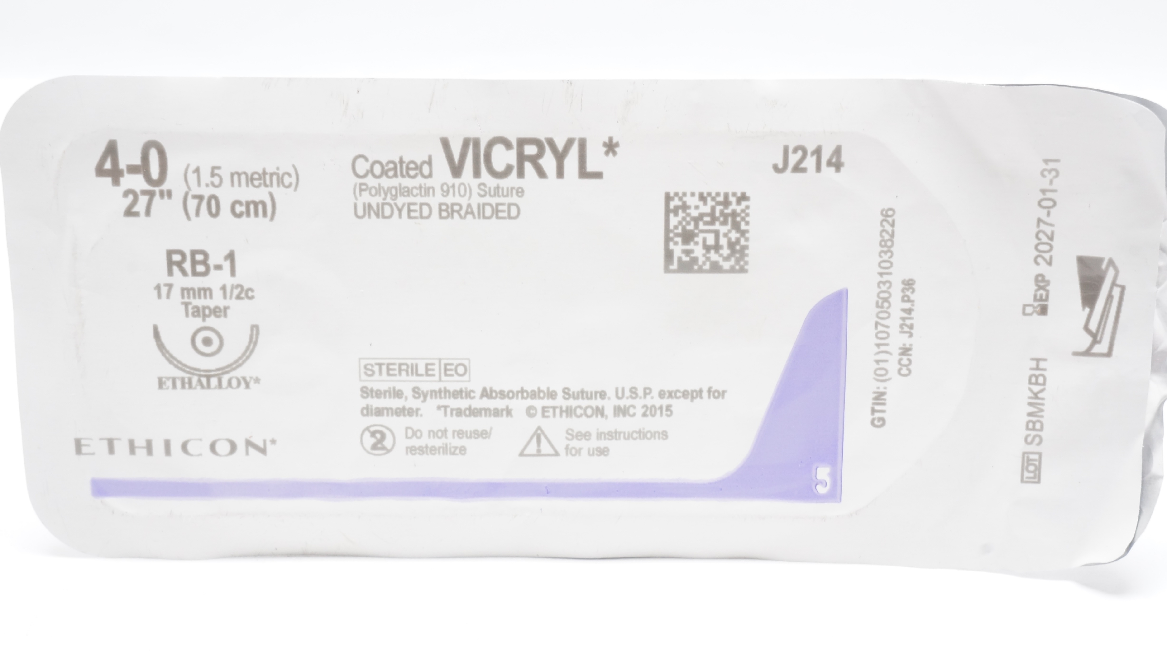 Ethicon J214 4-0 Coated Vicryl Braided Stre RB-1 Taper 17mm 1/2c 27inch