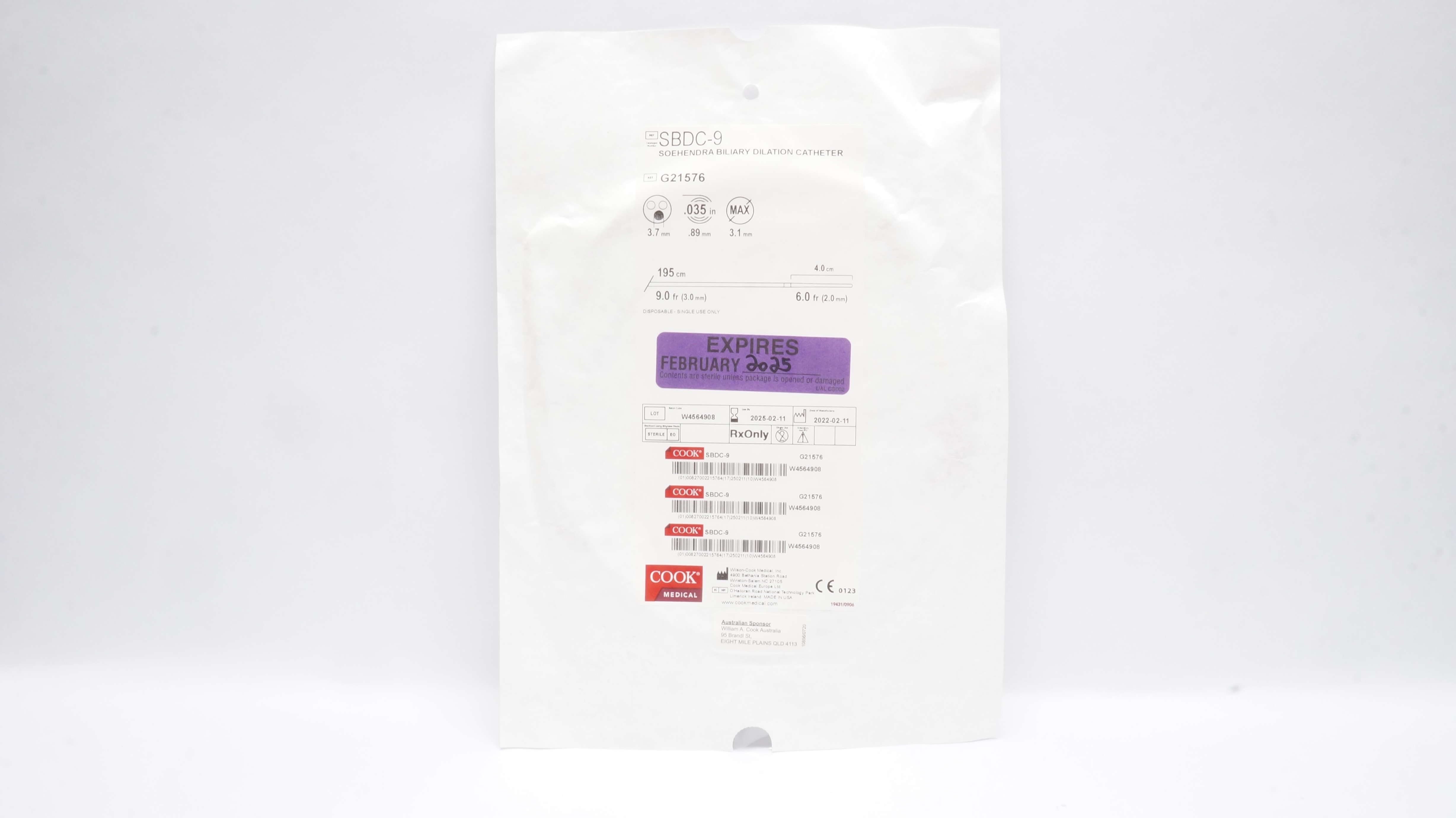 Cook Medical G21576 Soehendra Biliary Dilation Cath.9-6F, 195cm, Taper 4cm