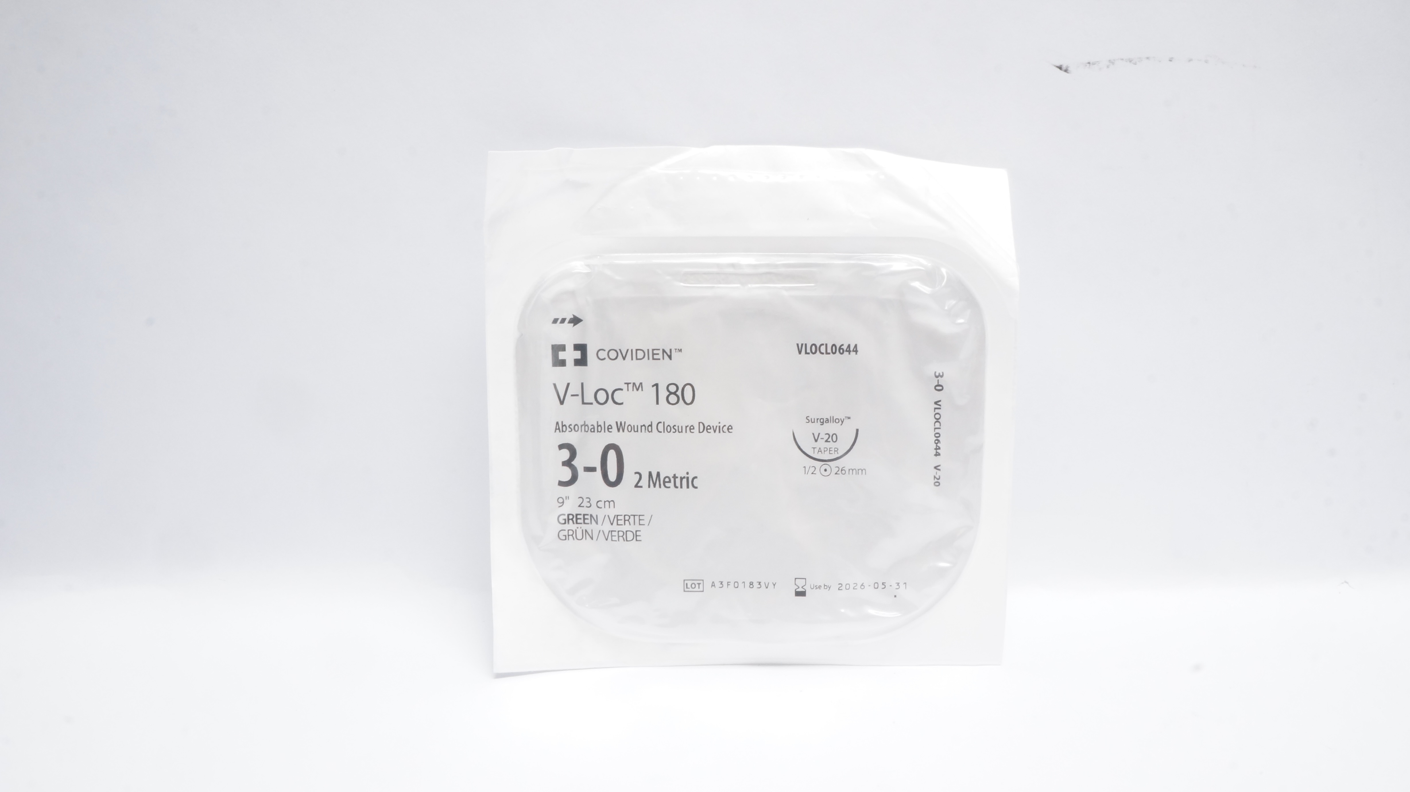 Covidien VLOCL0644 3-0 V-Loc180 Wound Closure Device V-20 Taper 1/2c 26mm 9in
