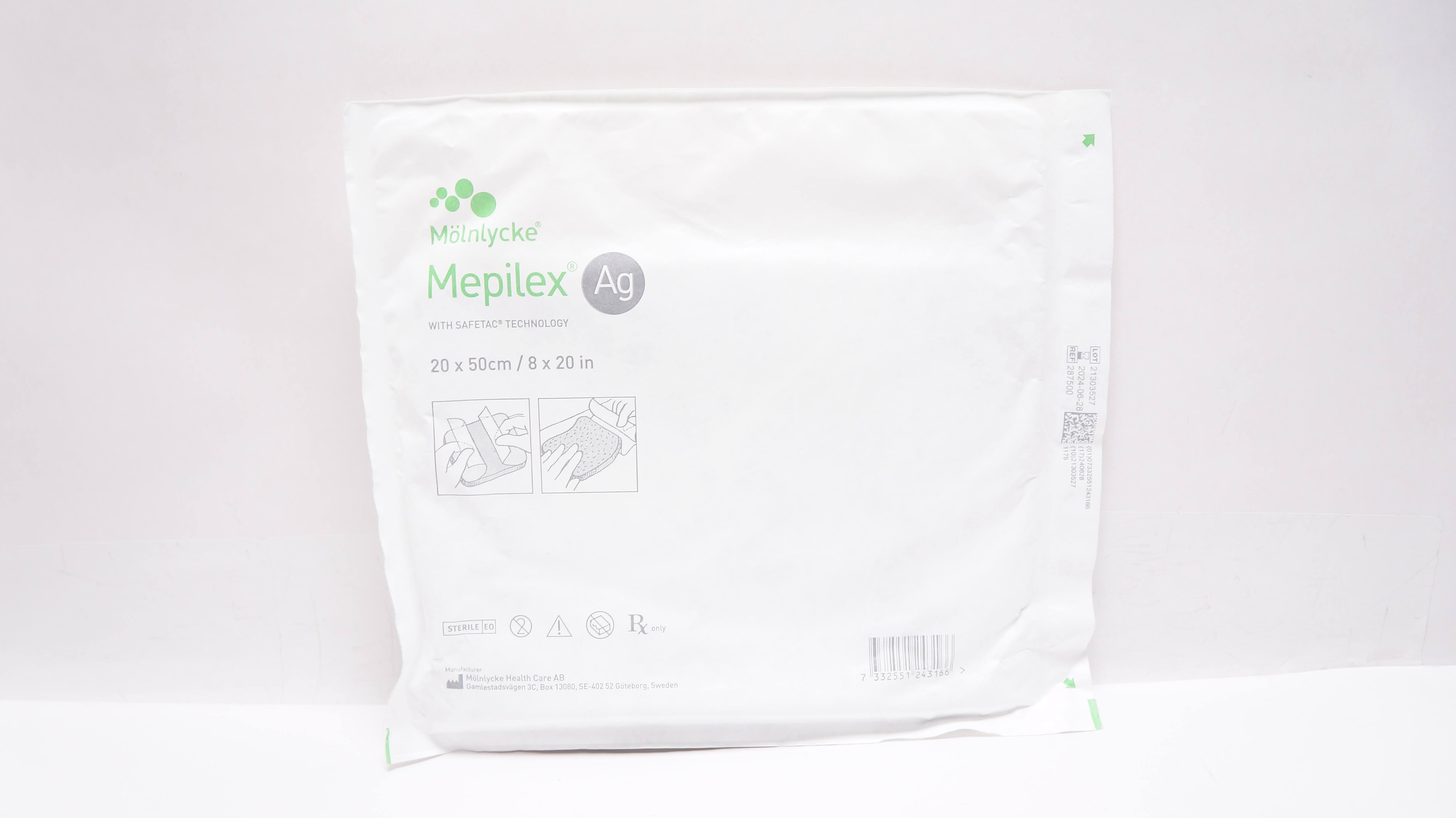 Molnlycke 287500 Mepilex Ag Antimicrobial Foam Dressing 8inch x 20 inch