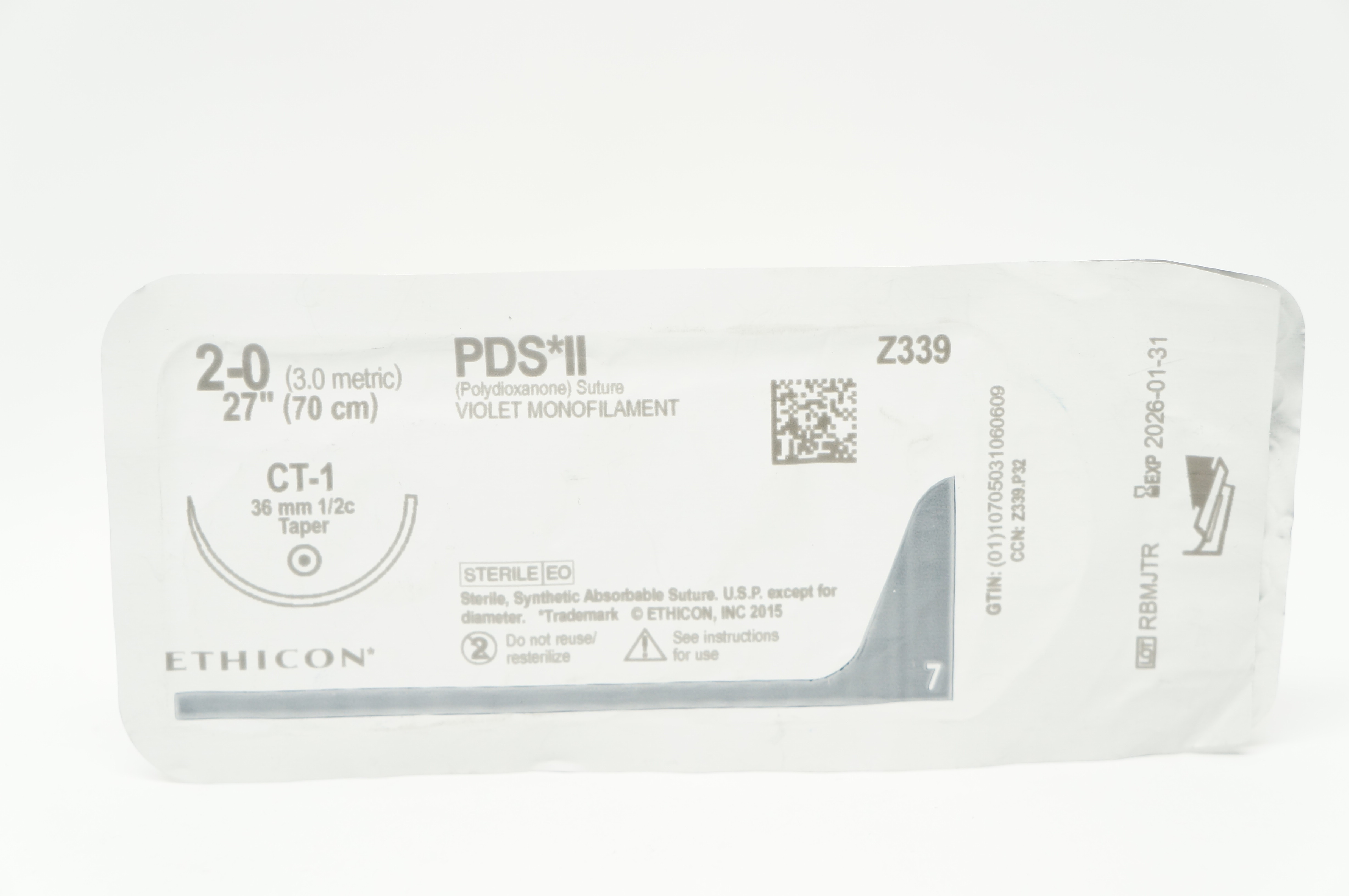 Ethicon Z339 2-0 PDS II CT-1 36mm 1/2c Taper 27inch