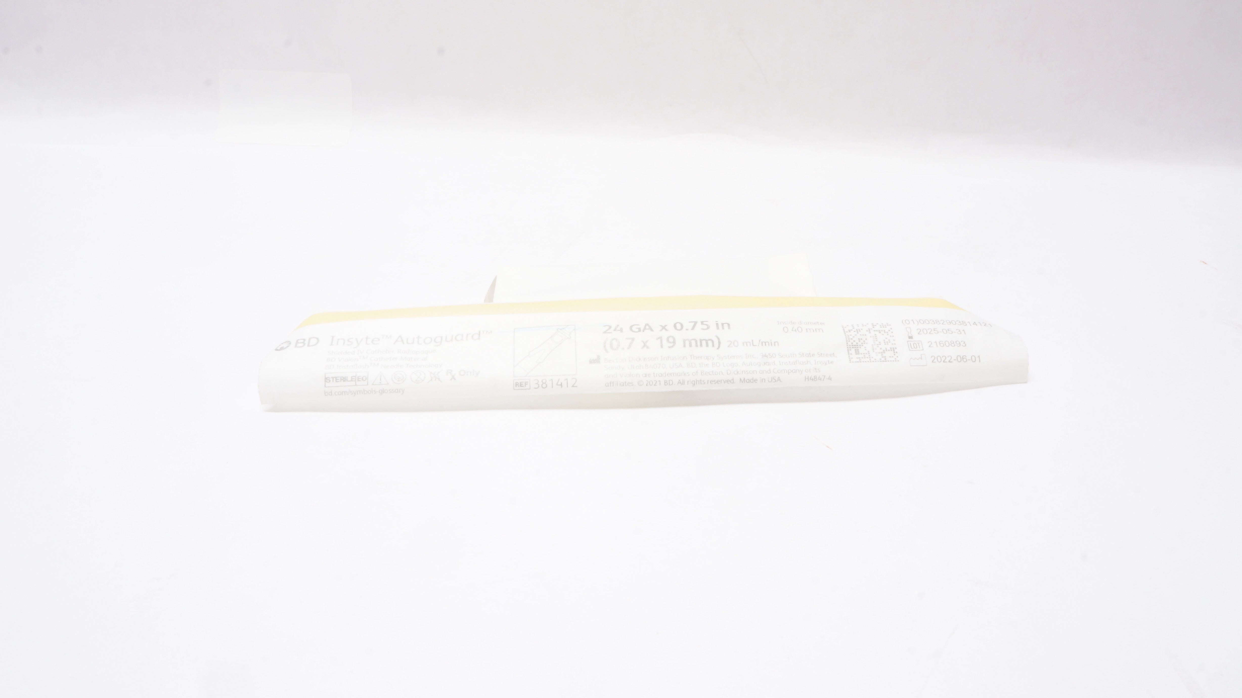 BD 381412 BD Insyte Autoguard Shielded I.V. Cath. 24Ga x 0.75 inch 20mL/min