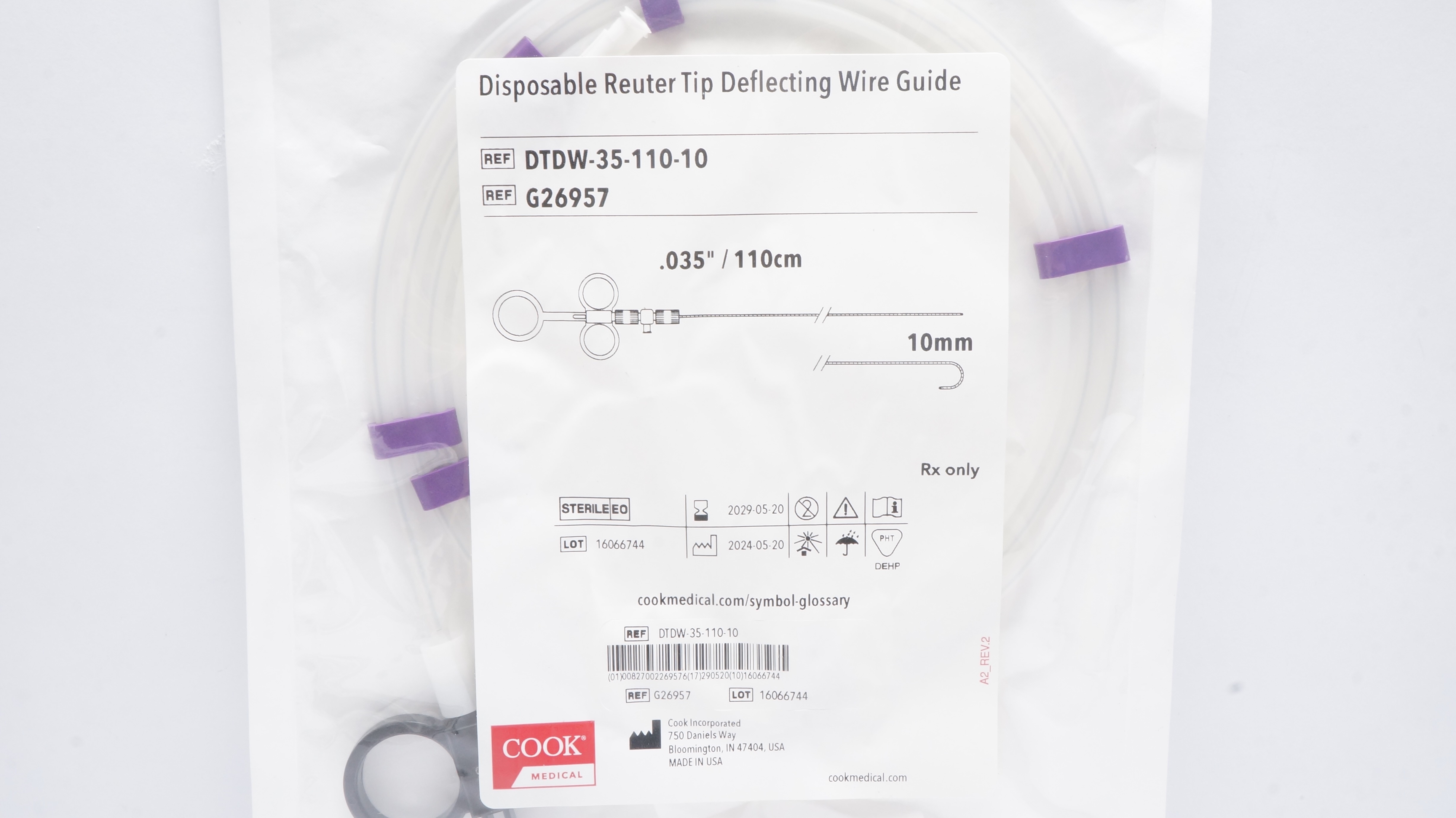 Cook G26957 Disposable Reuter Tip Deflecting Wire Guide .035inch/110cm 10mm