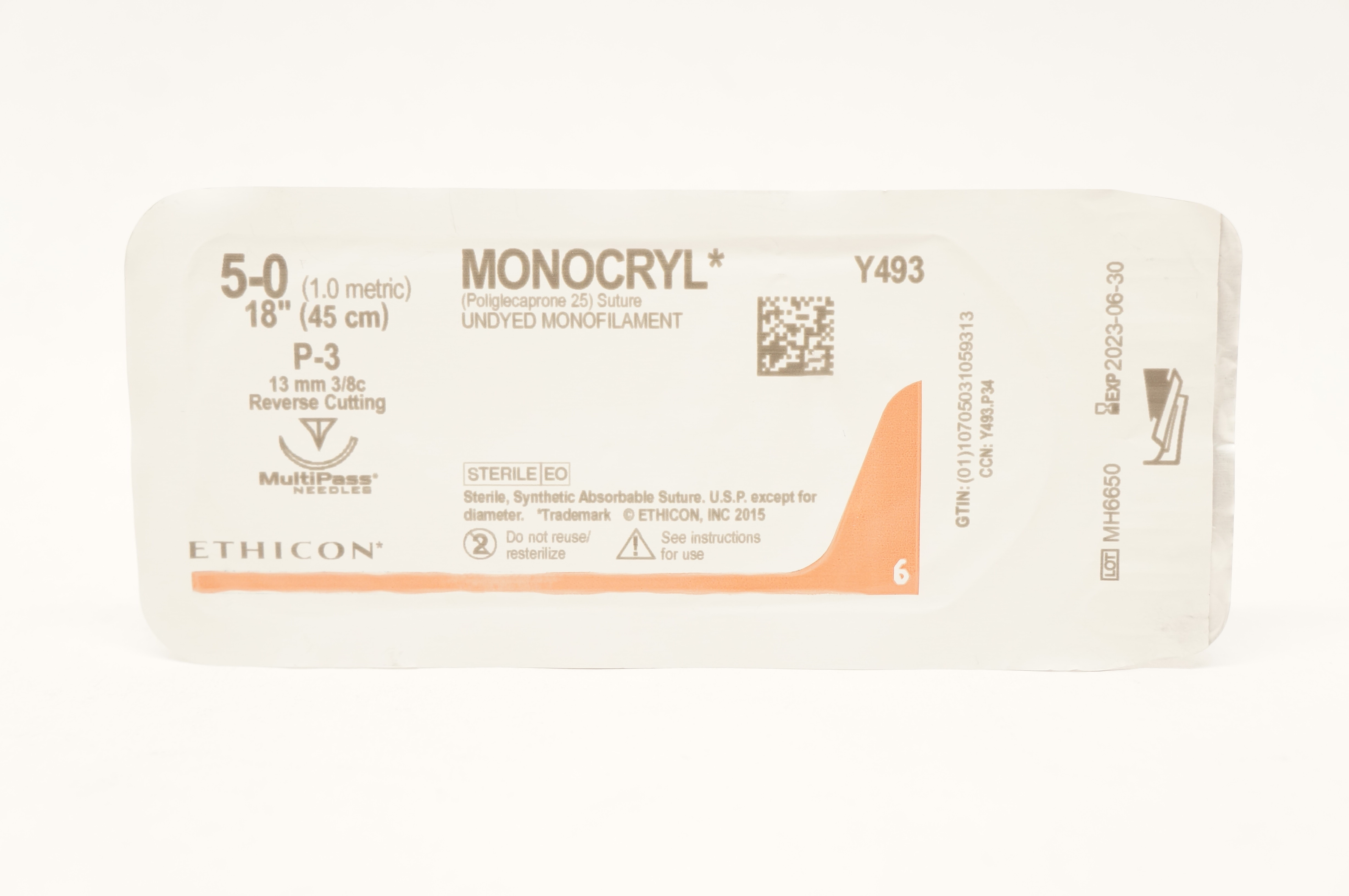 Ethicon Y493 5-0 MONOCRYL Stre Undyed P-3, 13mm 3/8c Reverse Cutting, 18inch