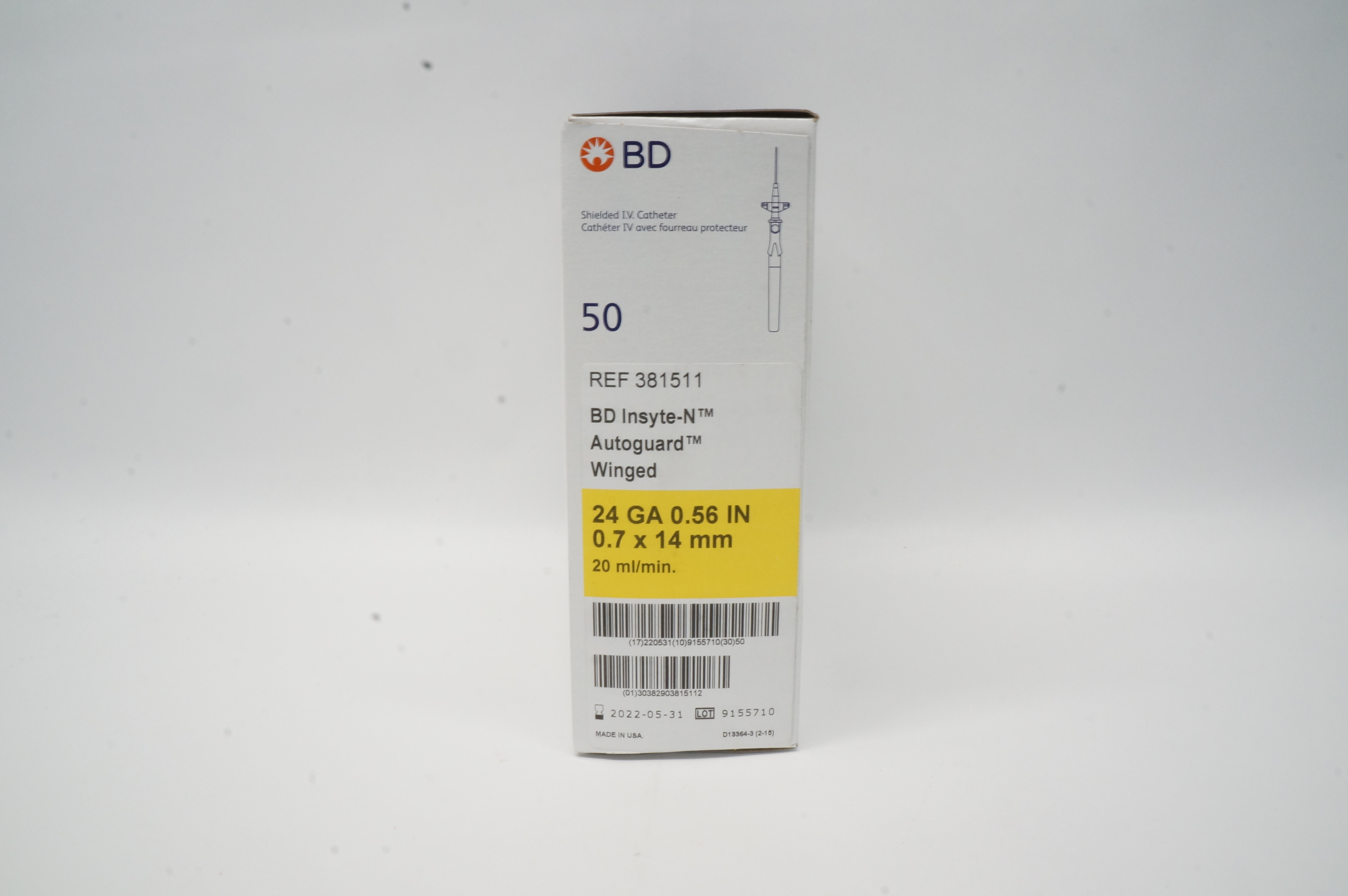 BD 381511 BD Insyte Autoguard Shielded IV Cath. 24Ga x 0.56inch - Box of 50
