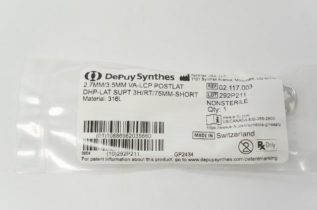 Depuy 02.117.003 Synthes 2.7mm/3.5mm VA-LCP Postlat DHP-LAT Supt 3H/RT/75mm