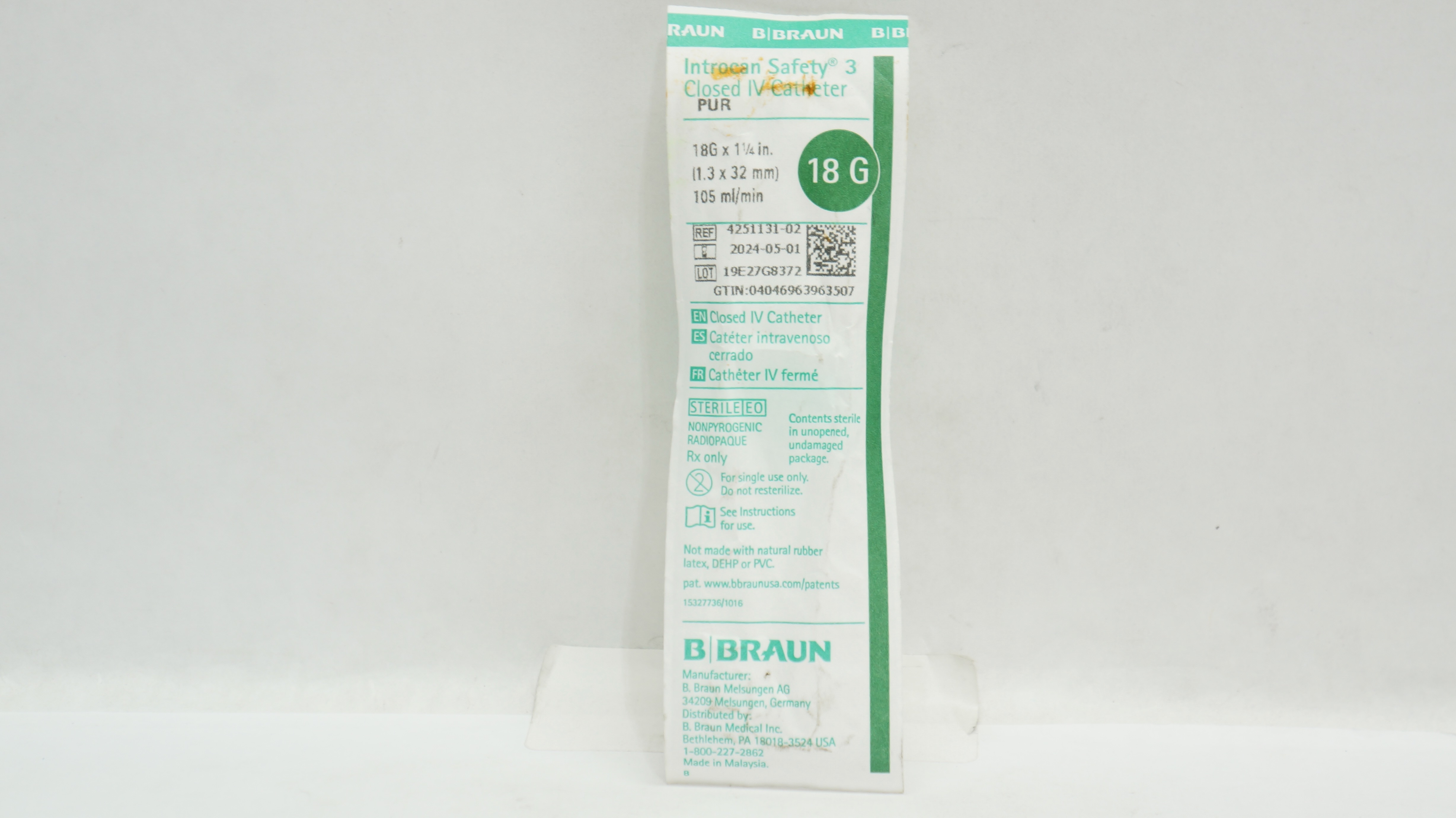 Braun 4251131-02 Introcan Safety 3 Closed IV Cath. 18G x 1-1/4inch 105mL/min