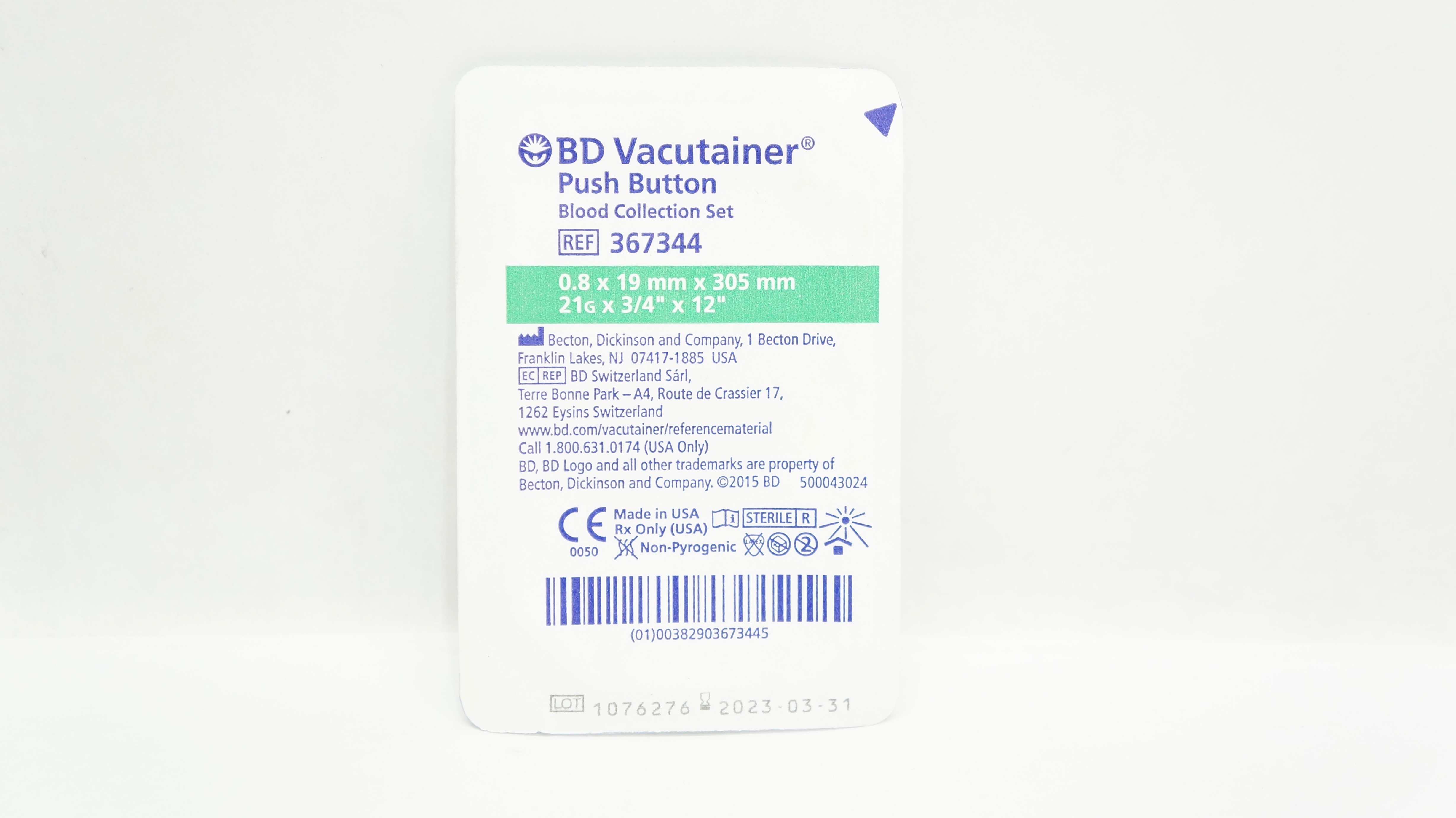 BD 367344 Vacutainer Push Button Blood Collection Set 21G x 3/4inch x 12inch (x)
