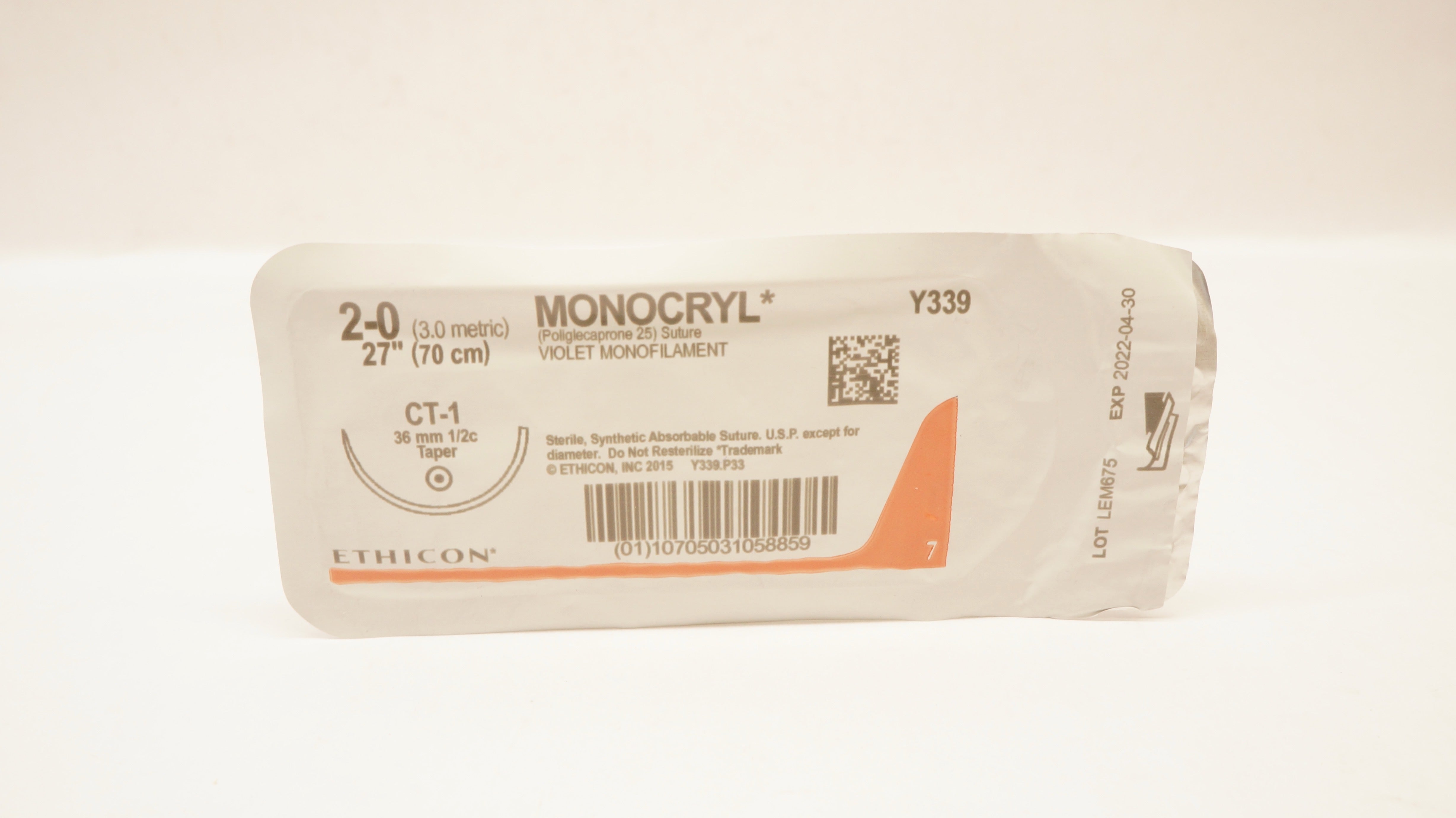 Ethicon Y339 2-0 MONOCRYL, CT-1, 36mm 1/2c Taper, 27inch (x)