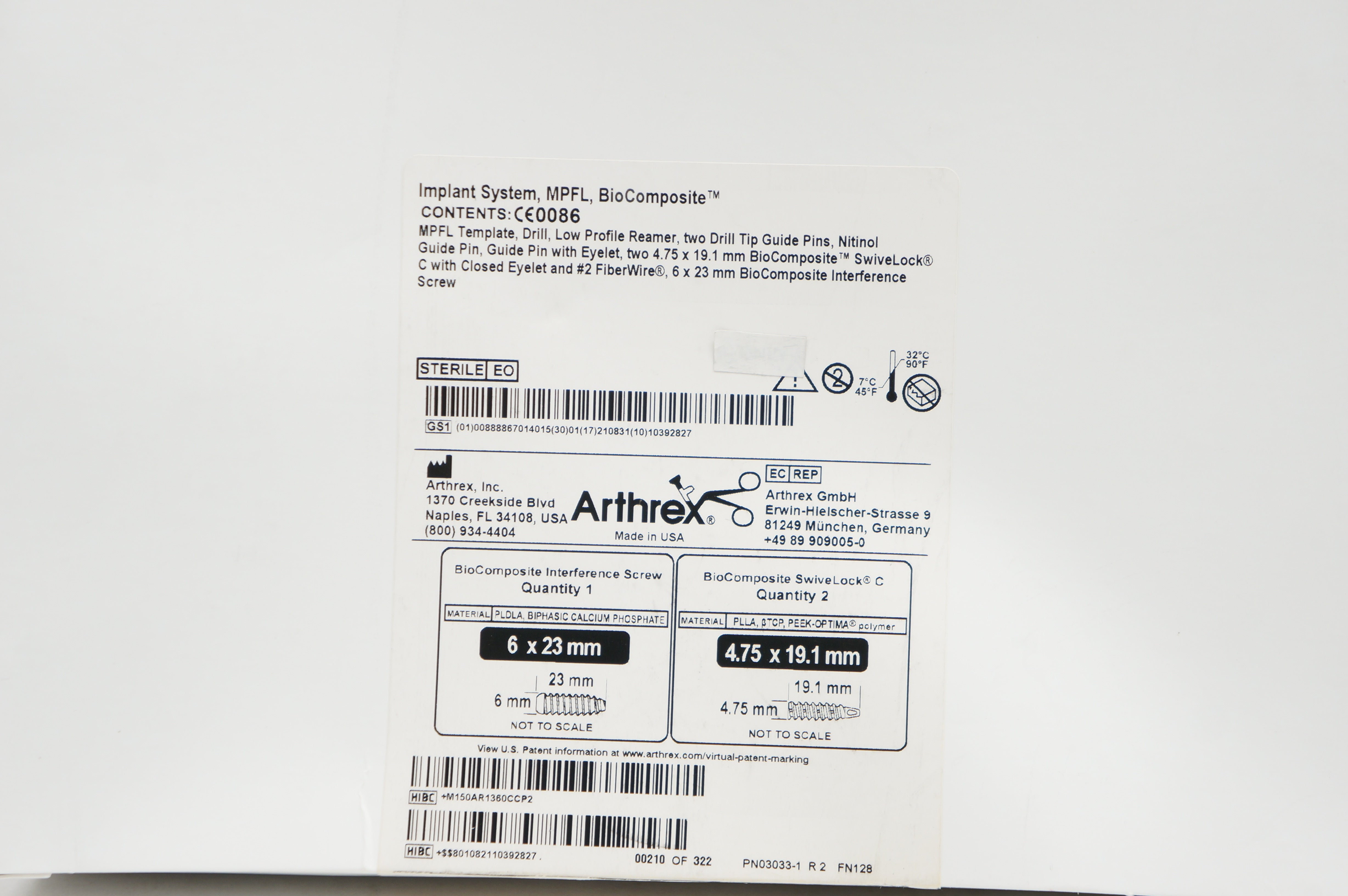 Arthrex AR-1360C-CP Implant System, MPFL, BioComposite 6 x 23mm 4.75 x 19.1mm(x)