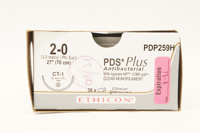 Ethicon PDP259H 2-0 PDS Plus Antibacterial CT-1 36mm 1/2c Taper 27in(x)-Box of36