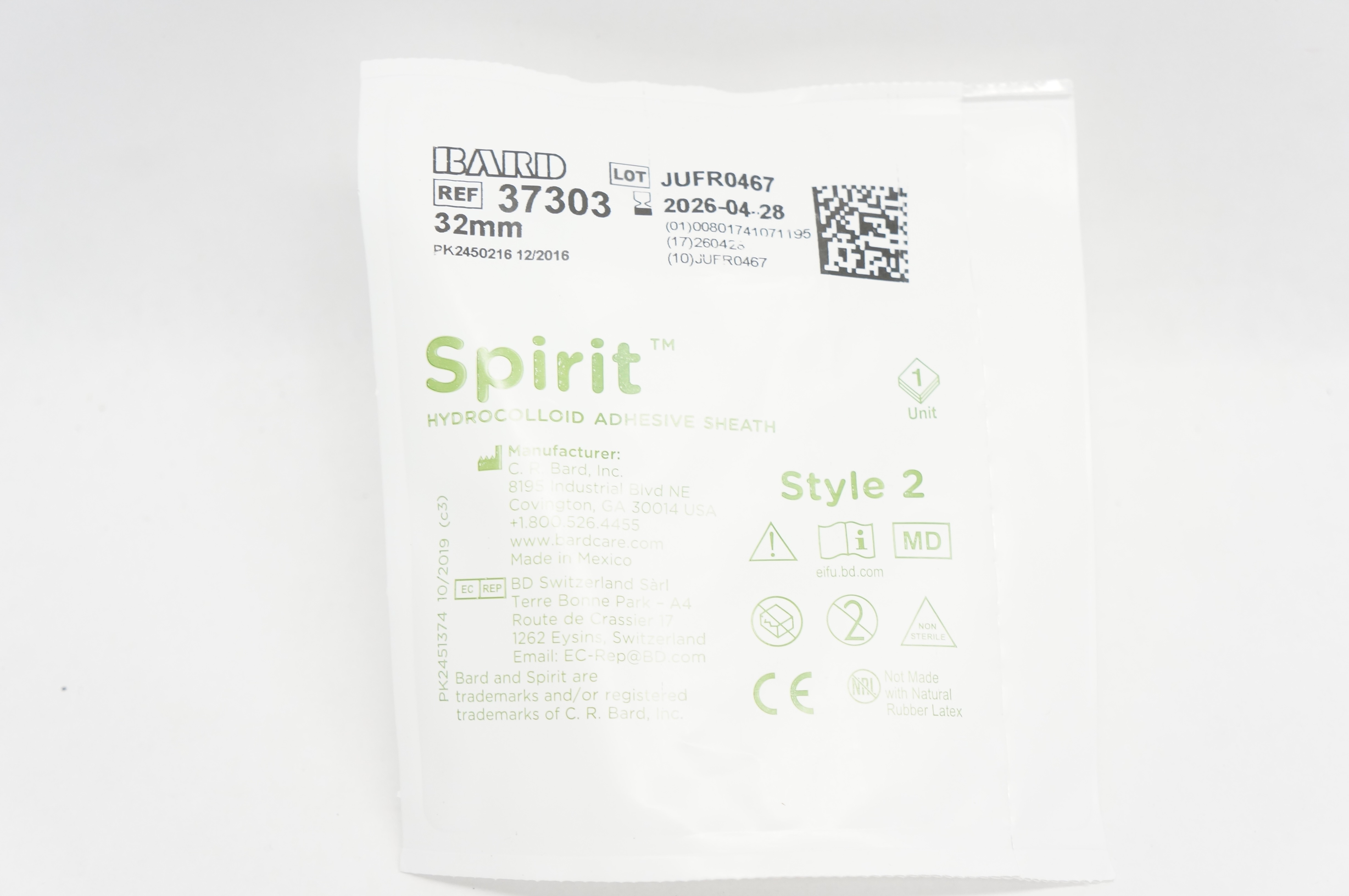 Bard 37303 Spirit Hydrocolloid Adhesive Sheath Style 2, 32mm