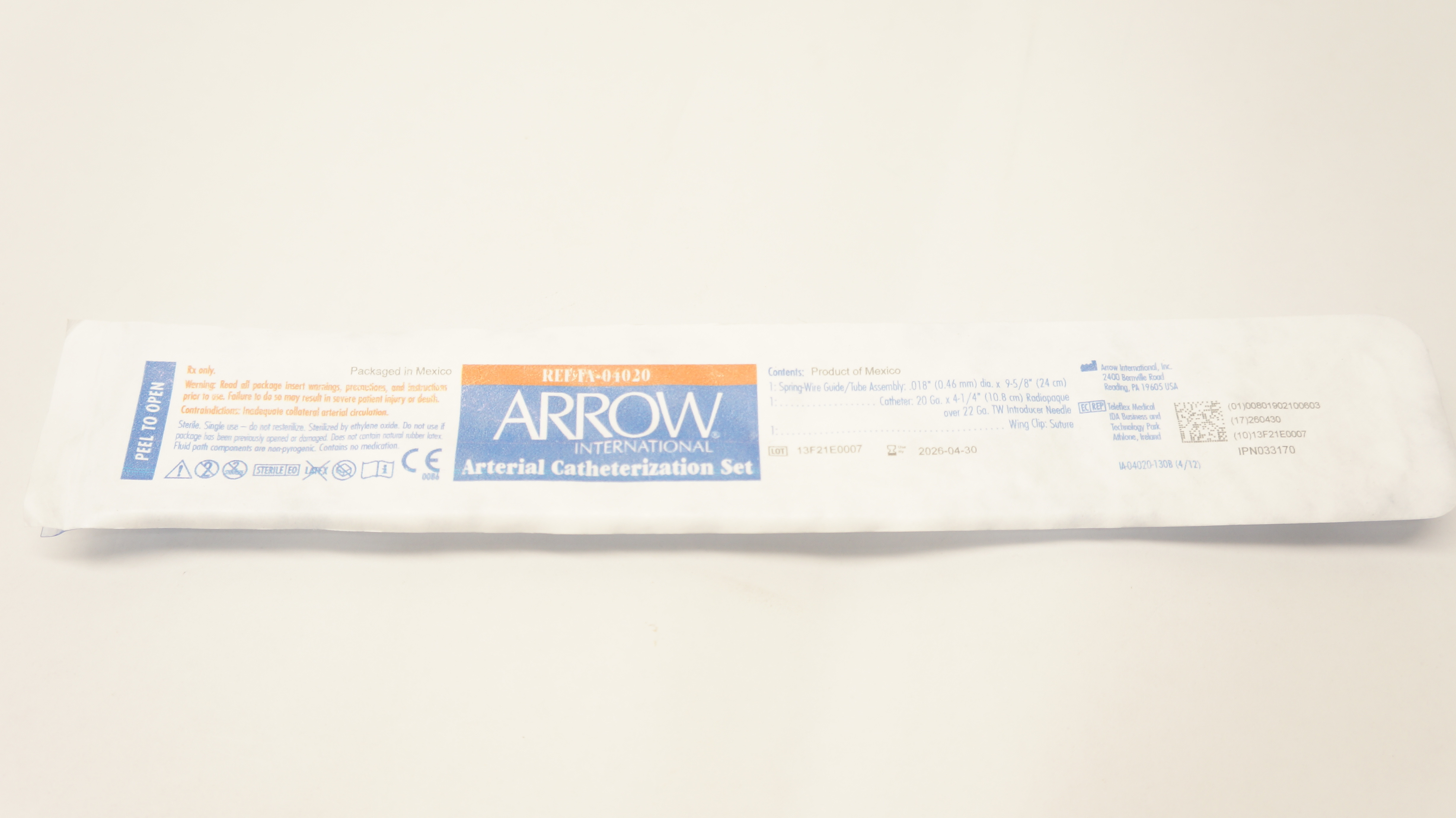 Arrow FA-04020 International Radial Artery Catheterization Set 20 Ga x 4-1/4inch