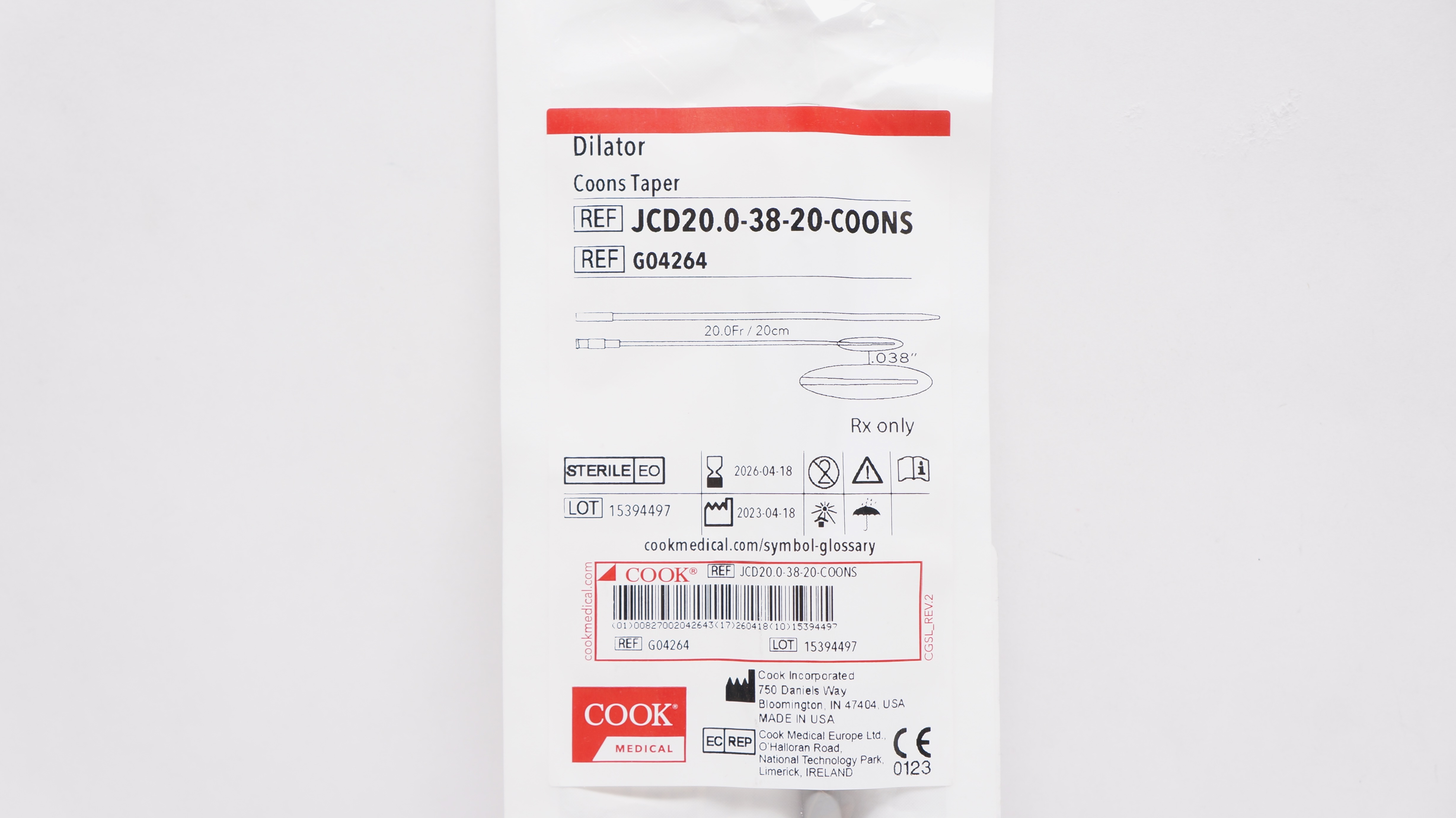 Cook Medical G04264 Dilator Coons Taper 20Fr x 038In