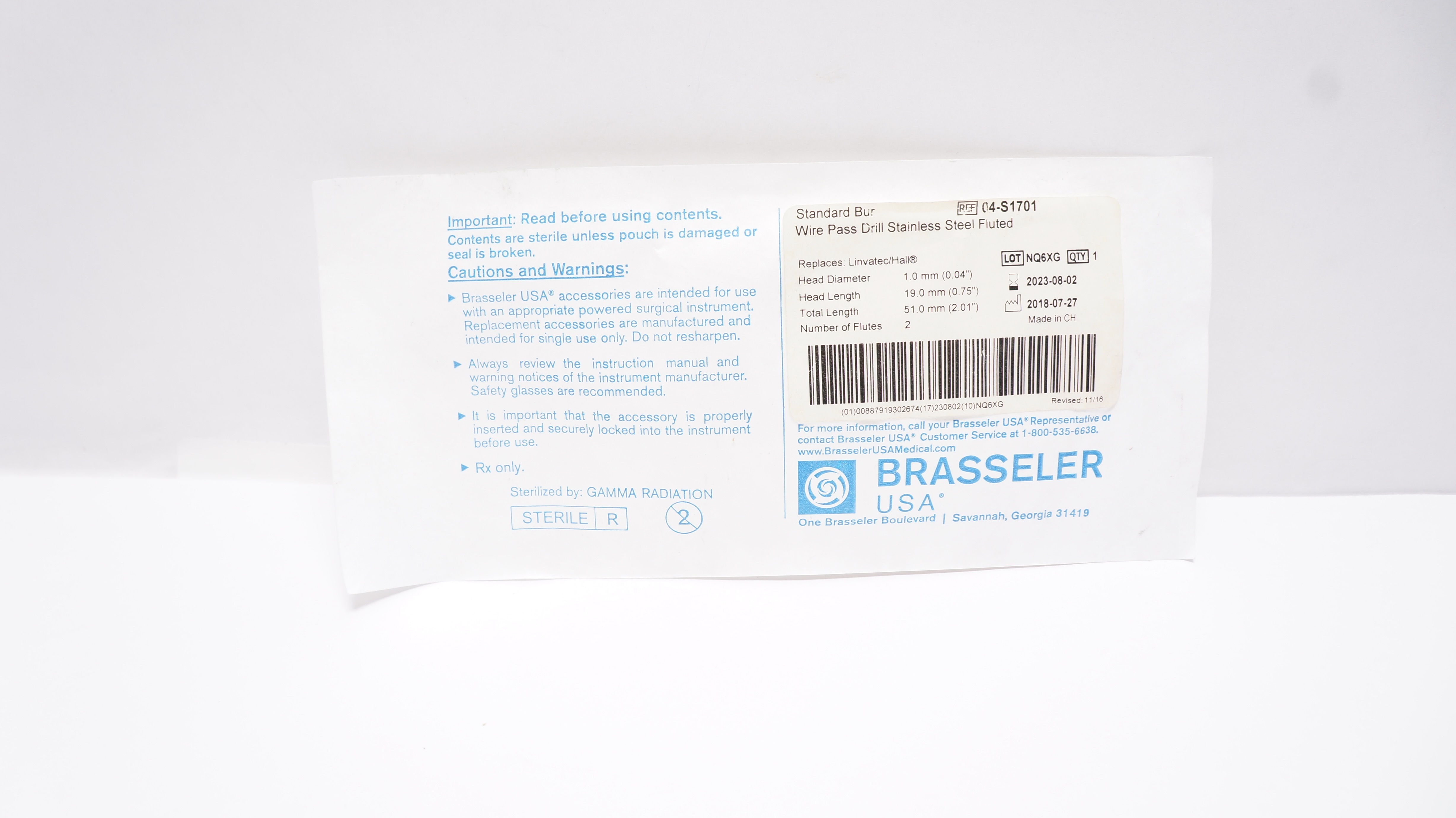 Brasseler 04-S1701 Standard Bur Wire Pass Drill Stainless Steel 2.01inch (x)