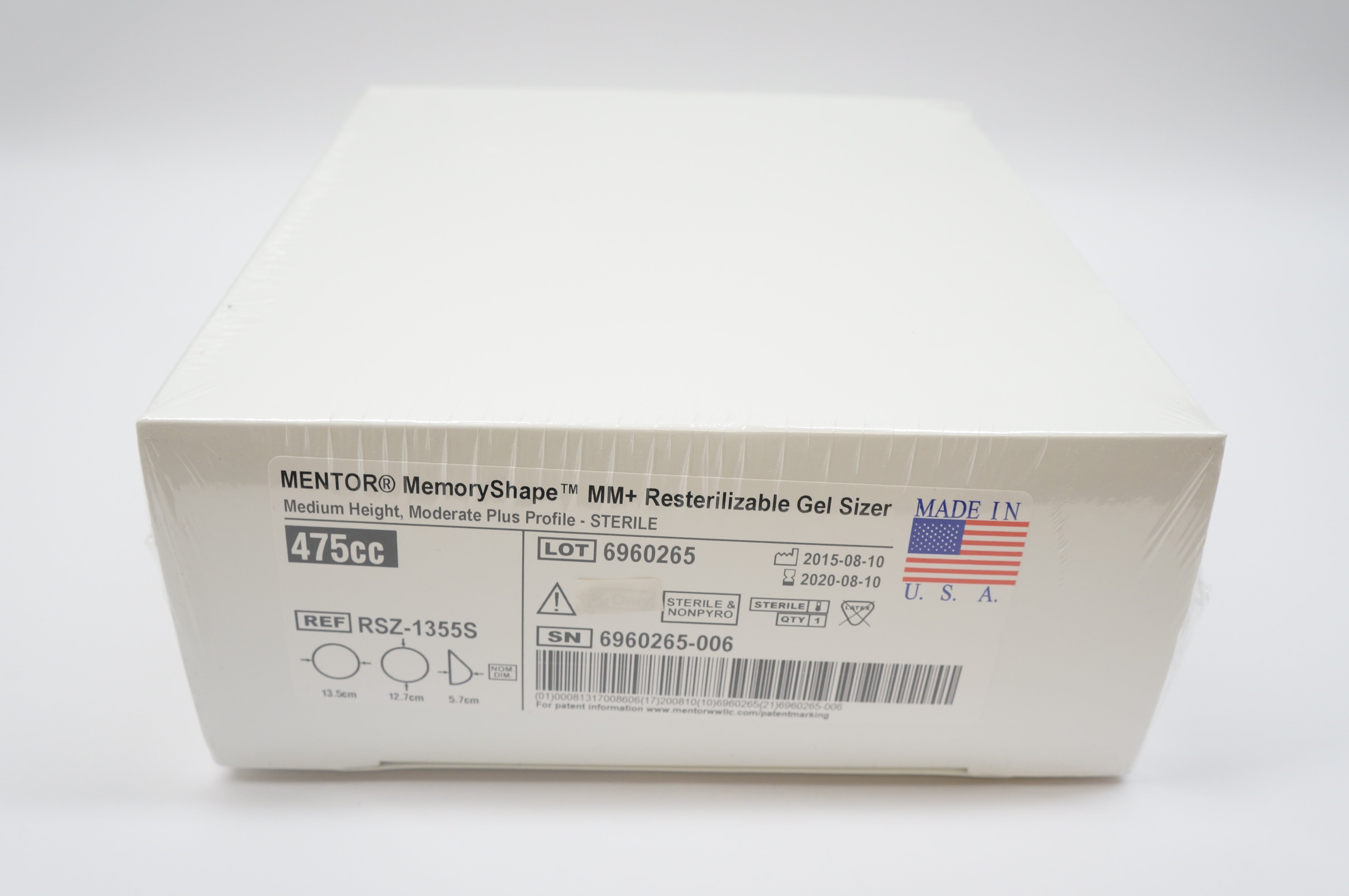 MENTOR RSZ-1355S MemoryShape MM+ Resterilizable Gel Sizer 475cc, 5.7cm x 12.7cm