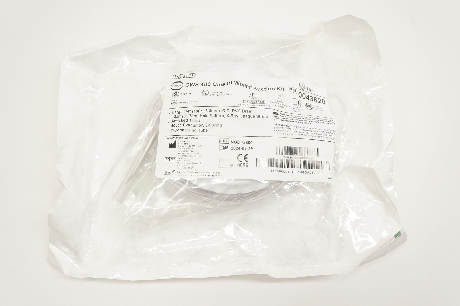 Bard 0043620 CWS 400 Closed Wound Suction Kit, Large 1/4inch ~ Lot of 10