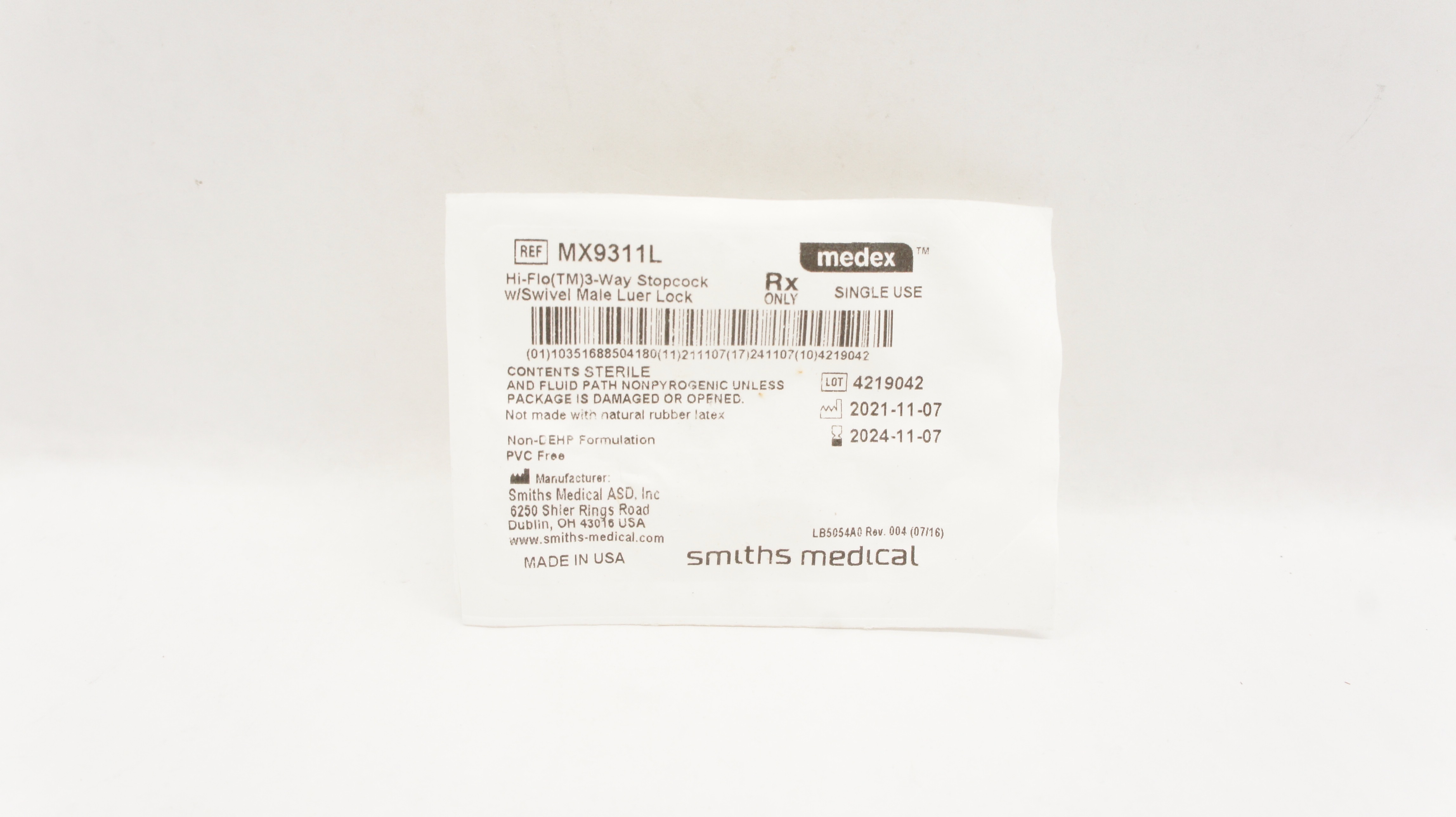 Smiths Medical MX9311L Hi-Flow 3-Way Stopcock W/Swivel Male Luer Lock
