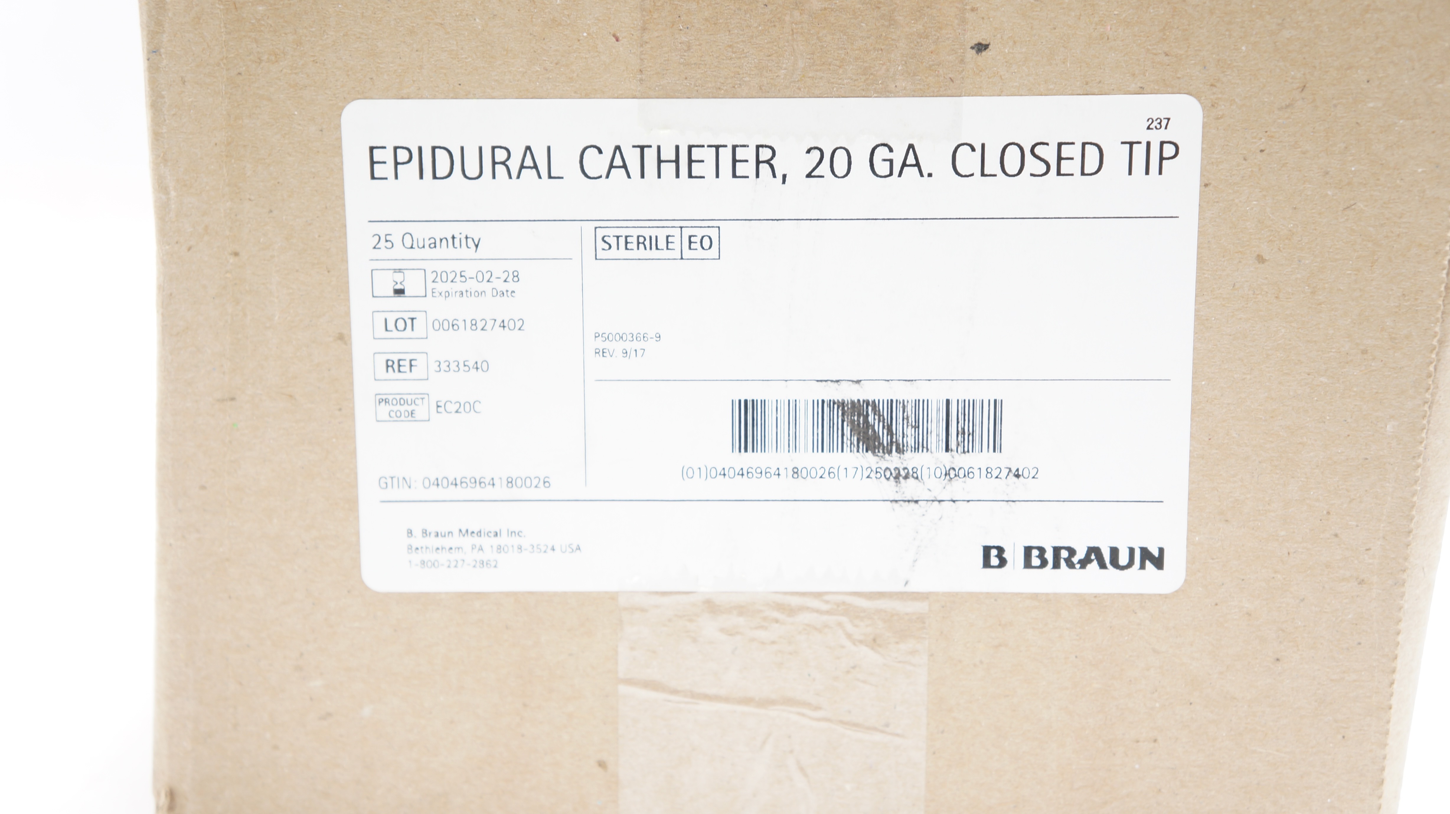 Braun 333540 Perifix Epidural Cath. Set Closed Tip 20 Ga - Case of 25