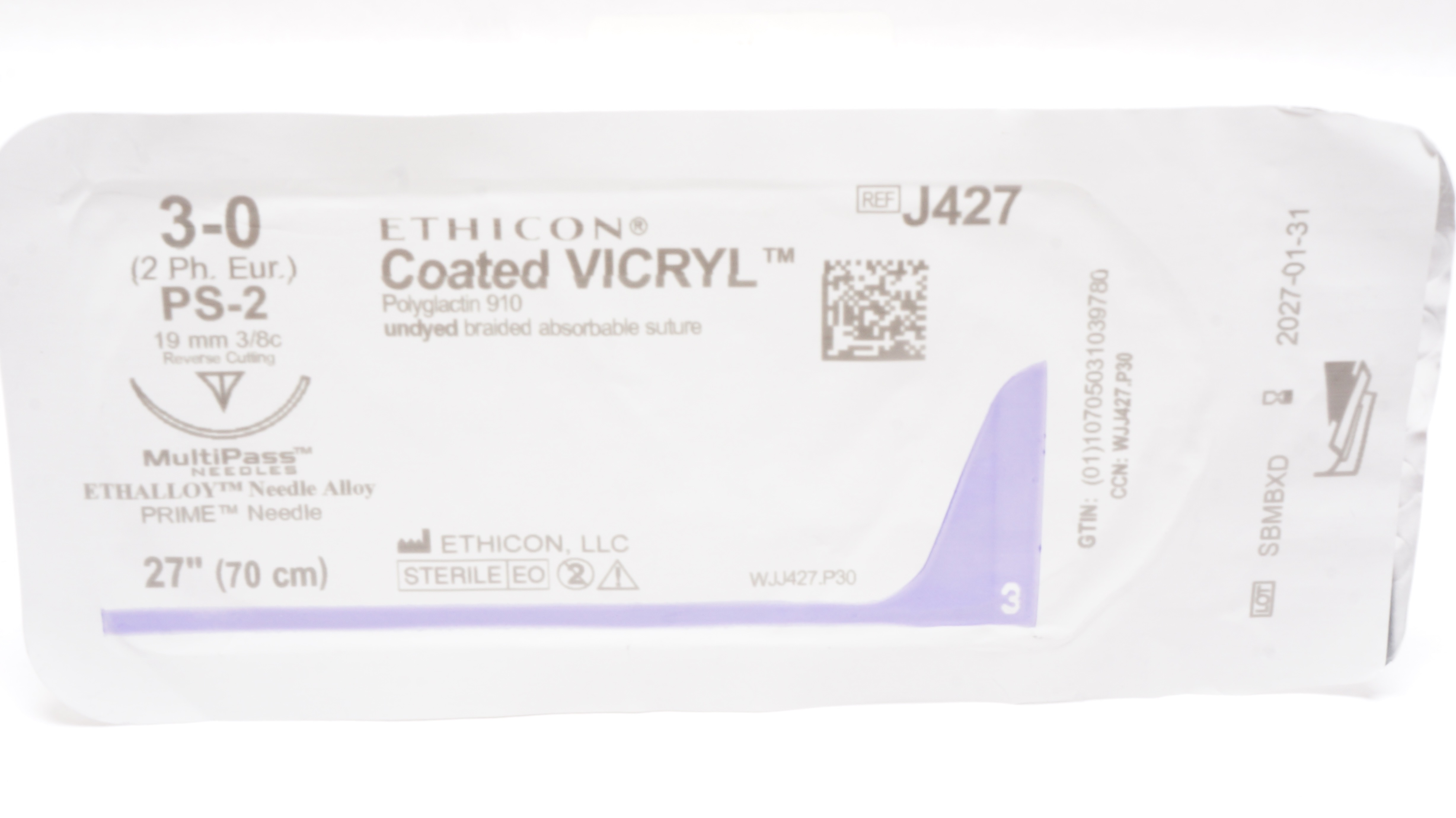 Ethicon J427 3-0 Coated VICRYL Stre PS-2, 19mm 3/8c Reverse Cutting, 27inch