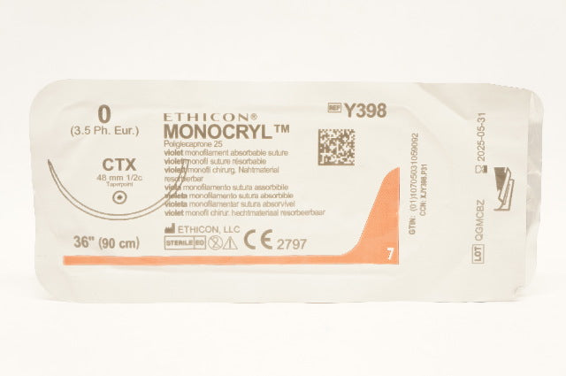 Ethicon Y398 Monocryl 0 CTX 48mm 1/2c Taper Violet Monofilament 36inch